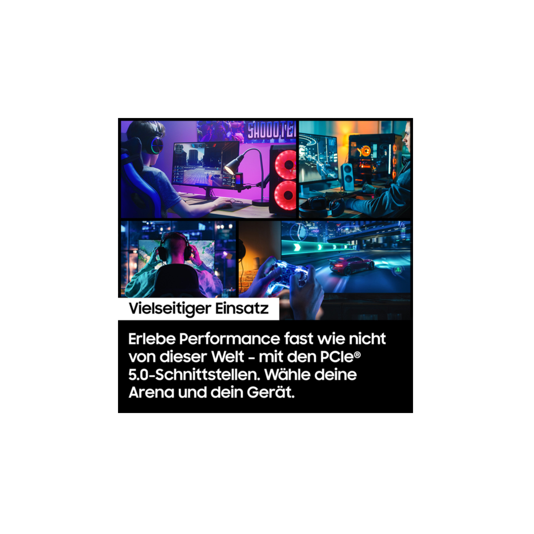 Obraz przedstawia graczy grających w gry na komputerach, z tekstem o wydajności i interfejsach PCle 5.0.