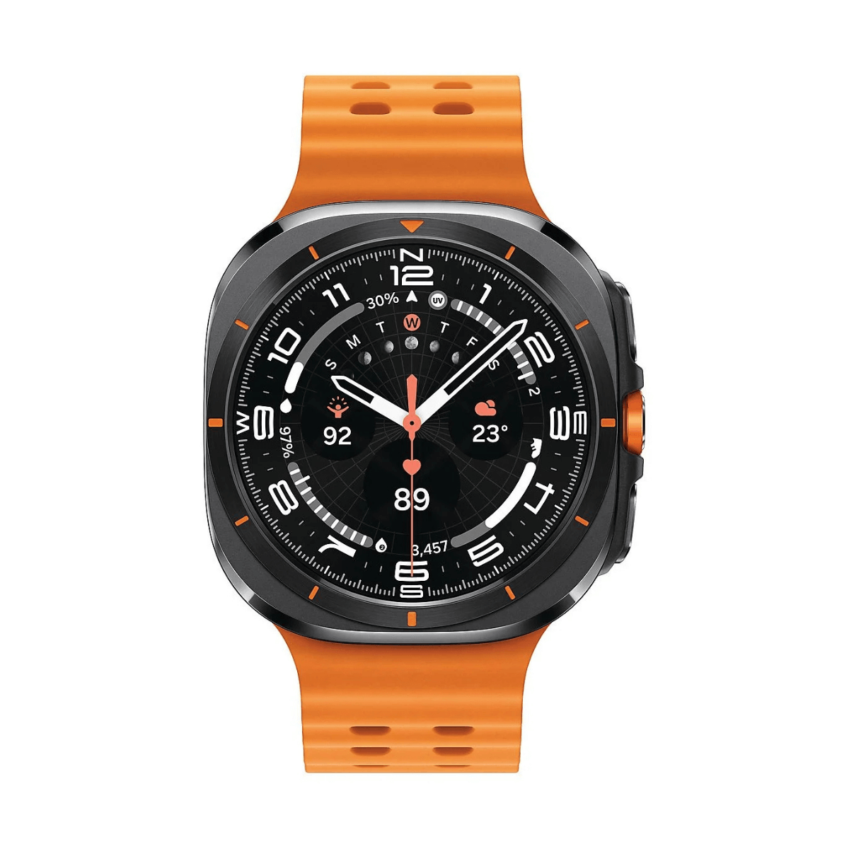 Uno smartwatch con cinturino arancione. Il quadrante è nero con segni bianchi e mostra ora, giorno, data e dati sanitari.