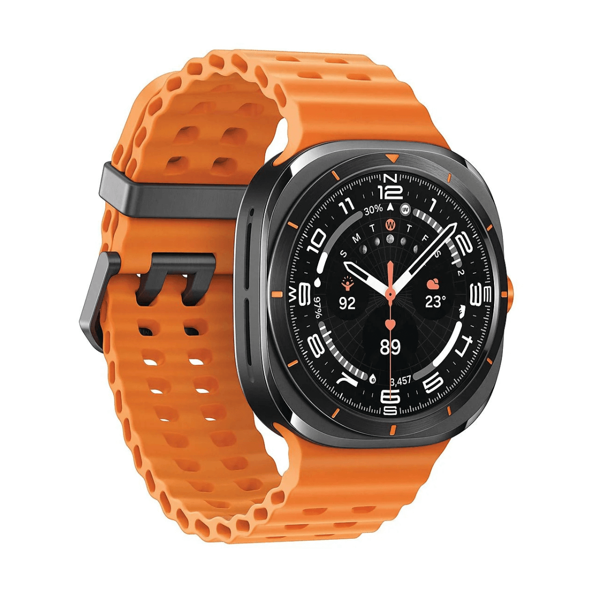 Uno smartwatch arancione con quadrante e cinturino neri. L'orologio visualizza l'ora e altre metriche. Su sfondo bianco.