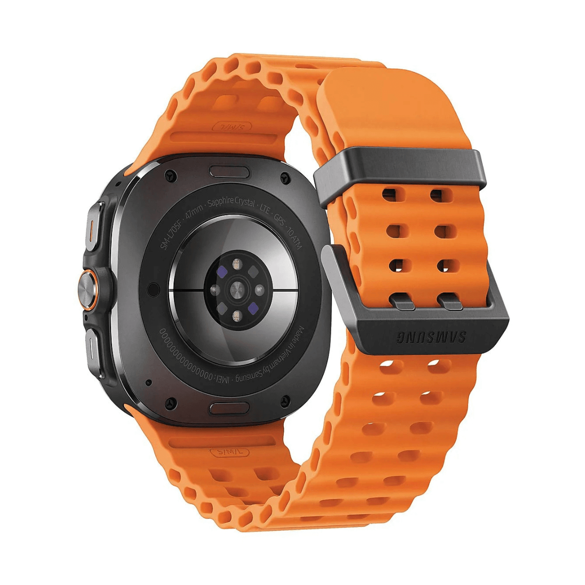Vista posteriore di uno smartwatch Samsung arancione con quadrante nero e fibbia del cinturino. L'orologio ha del testo sul retro.