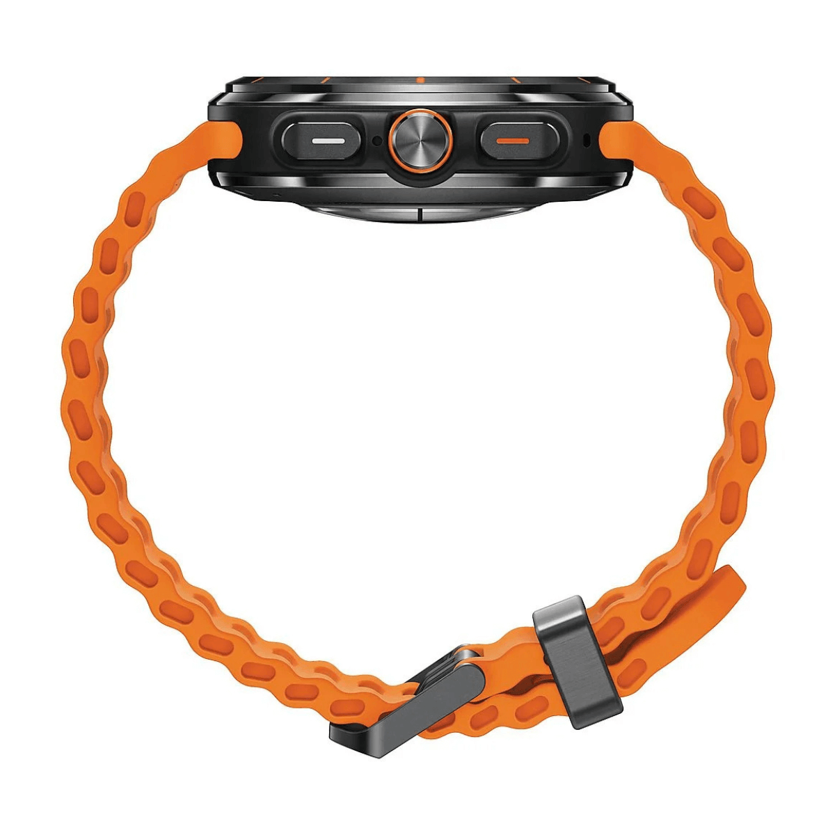 Vista laterale di uno smartwatch con cinturino arancione. Il quadrante è nero con dettagli arancioni e il cinturino è fissato con una chiusura.