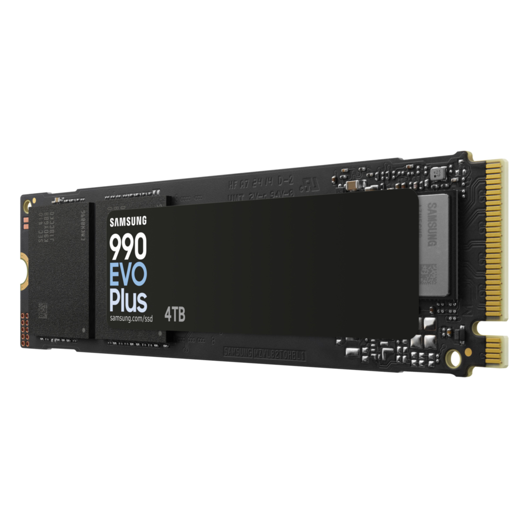 Pokazano dysk SSD Samsung 990 EVO Plus 4TB. Jest czarny z białym i niebieskim tekstem. Dysk SSD jest na białym tle.