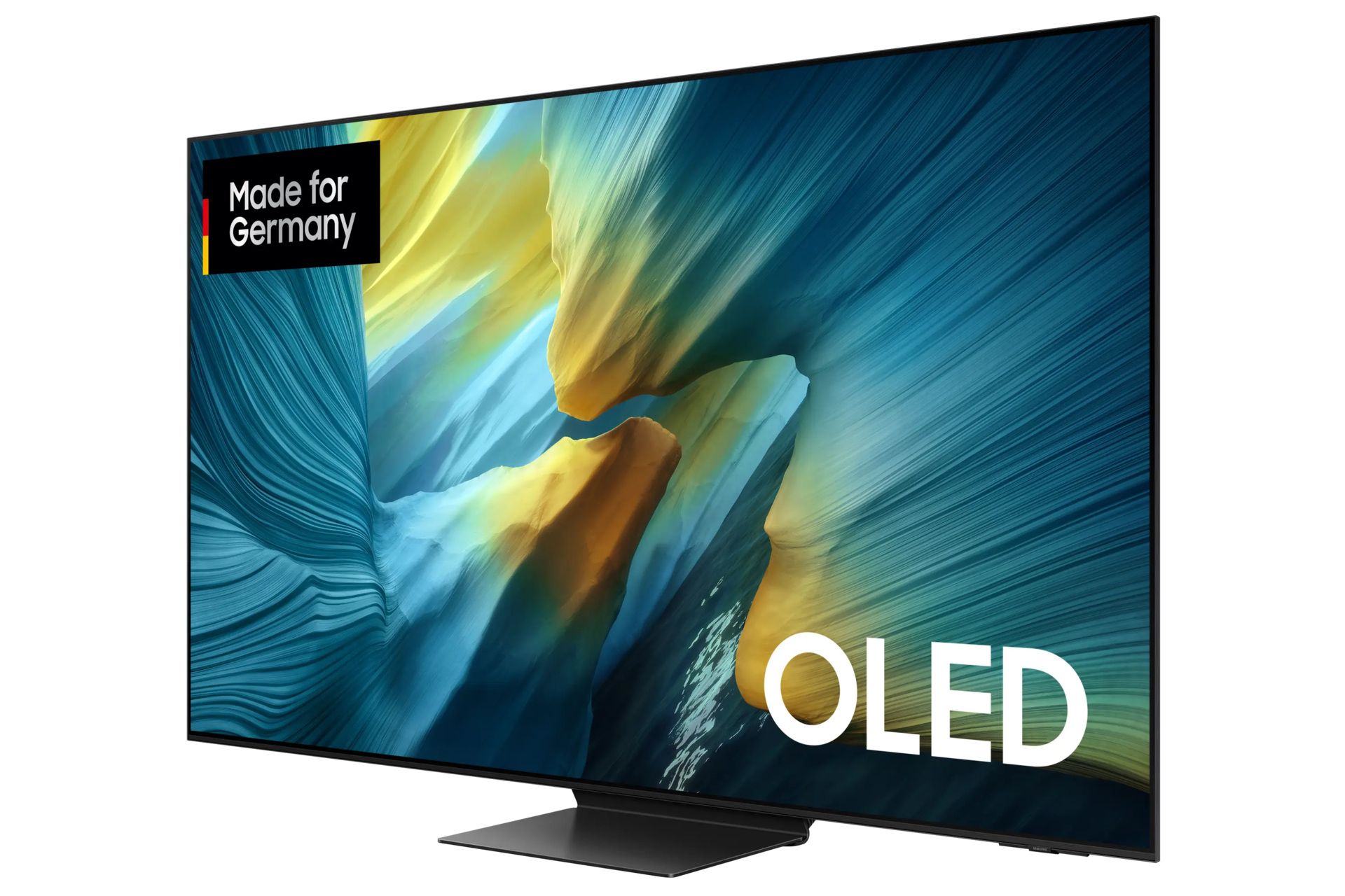 TV OLED con display di arte astratta, cornice e base nere. Logo 'Made for Germany' in alto a sinistra. Testo 'OLED' bianco.
