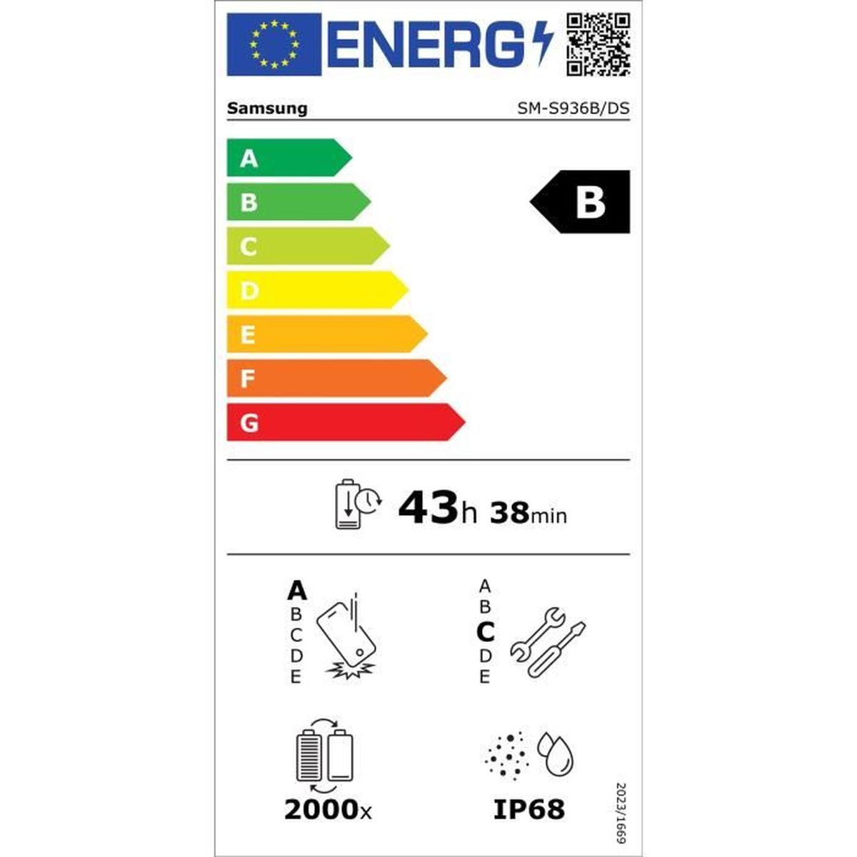 Etichetta energetica per un prodotto Samsung. Mostra le classi di efficienza energetica da A a G, una valutazione B e altre specifiche come la durata.