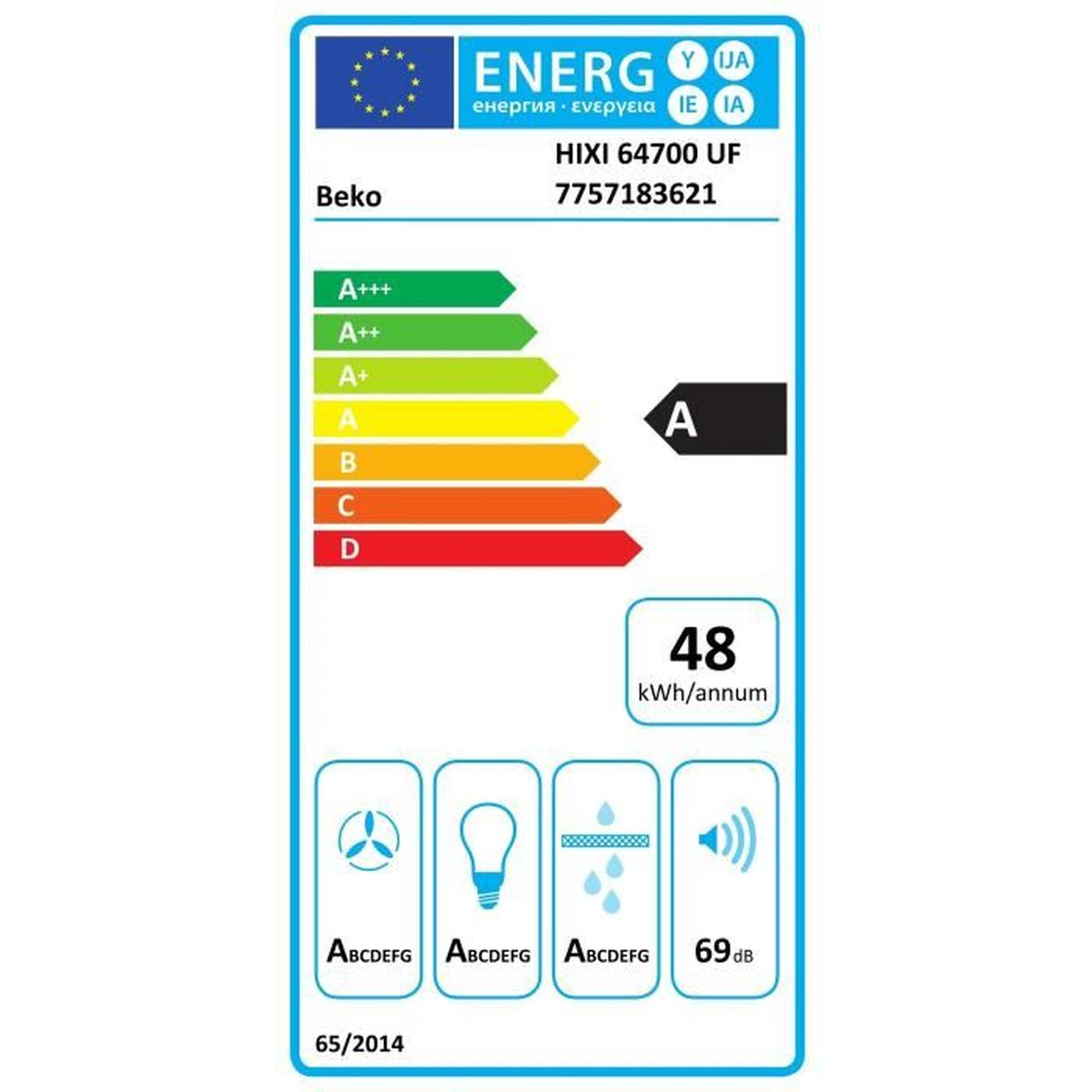 Etichetta energetica per un elettrodomestico Beko. Mostra le classi di efficienza energetica da A+++ a D, con una valutazione A. Mostra anche altri simboli.