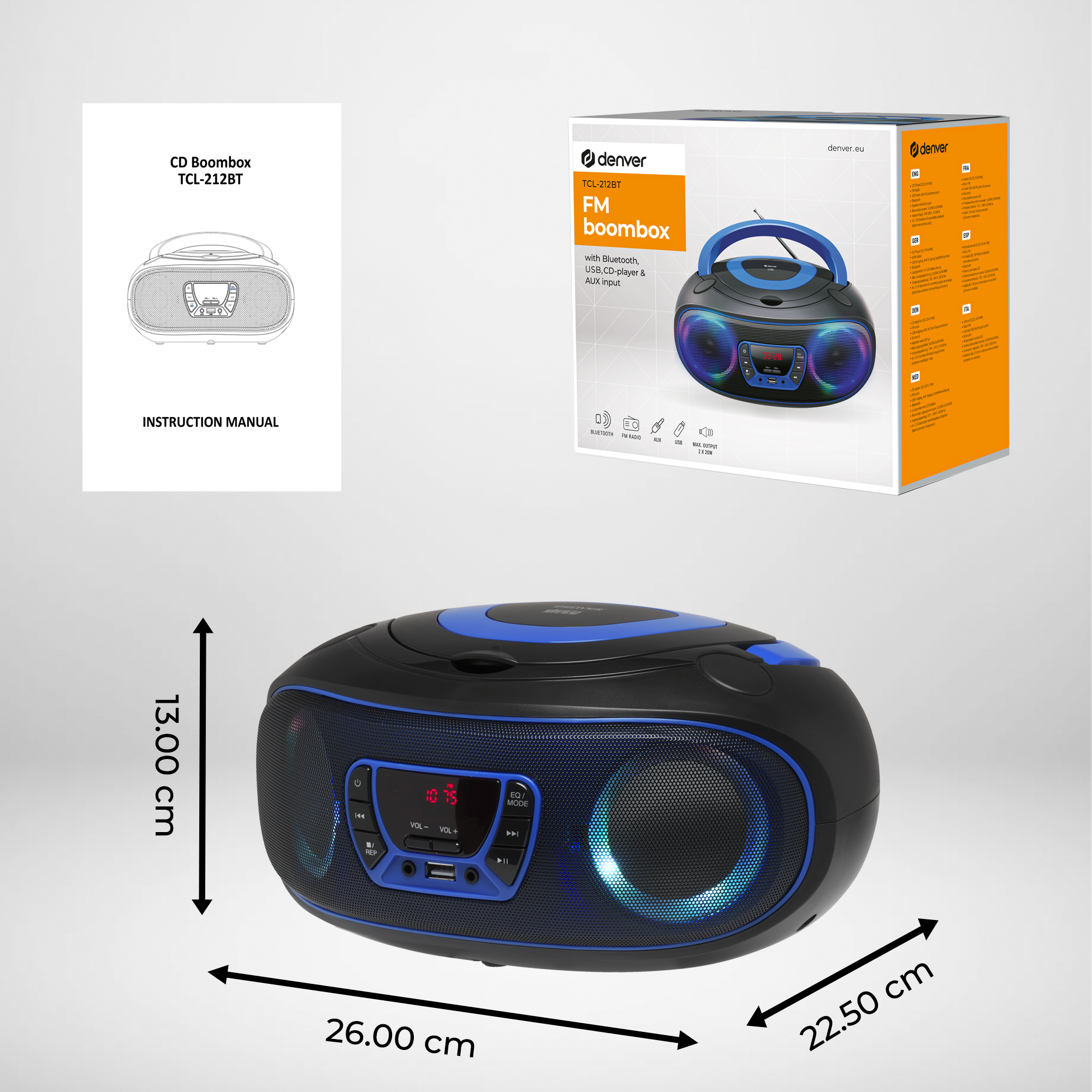Czarny i niebieski boombox z odtwarzaczem CD. Wymiary są wyświetlane obok urządzenia. Widoczna instrukcja i pudełko.