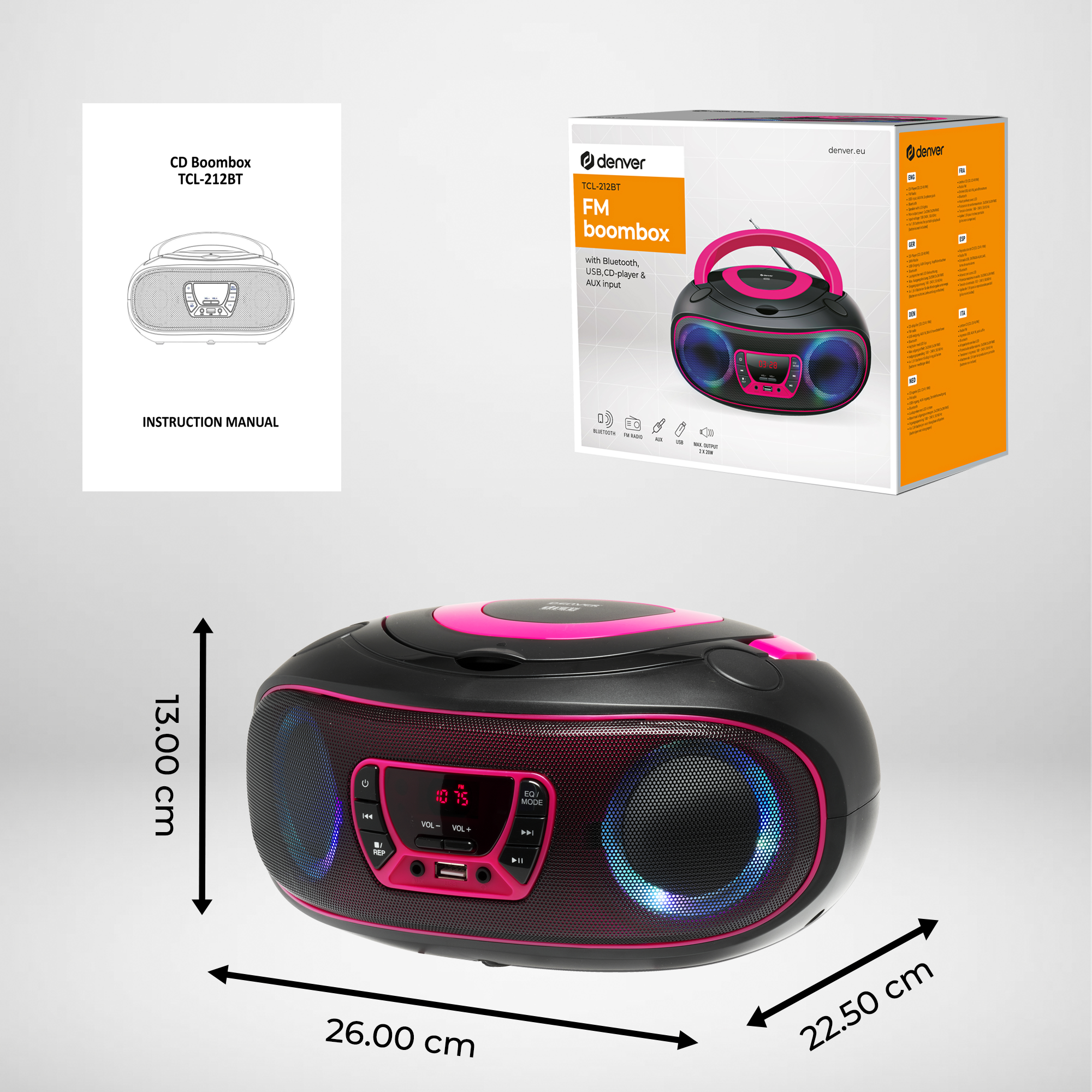 Czarny i różowy boombox z wymiarami, instrukcją obsługi i pudełkiem z funkcjami. Ekran wyświetla '10:15'.