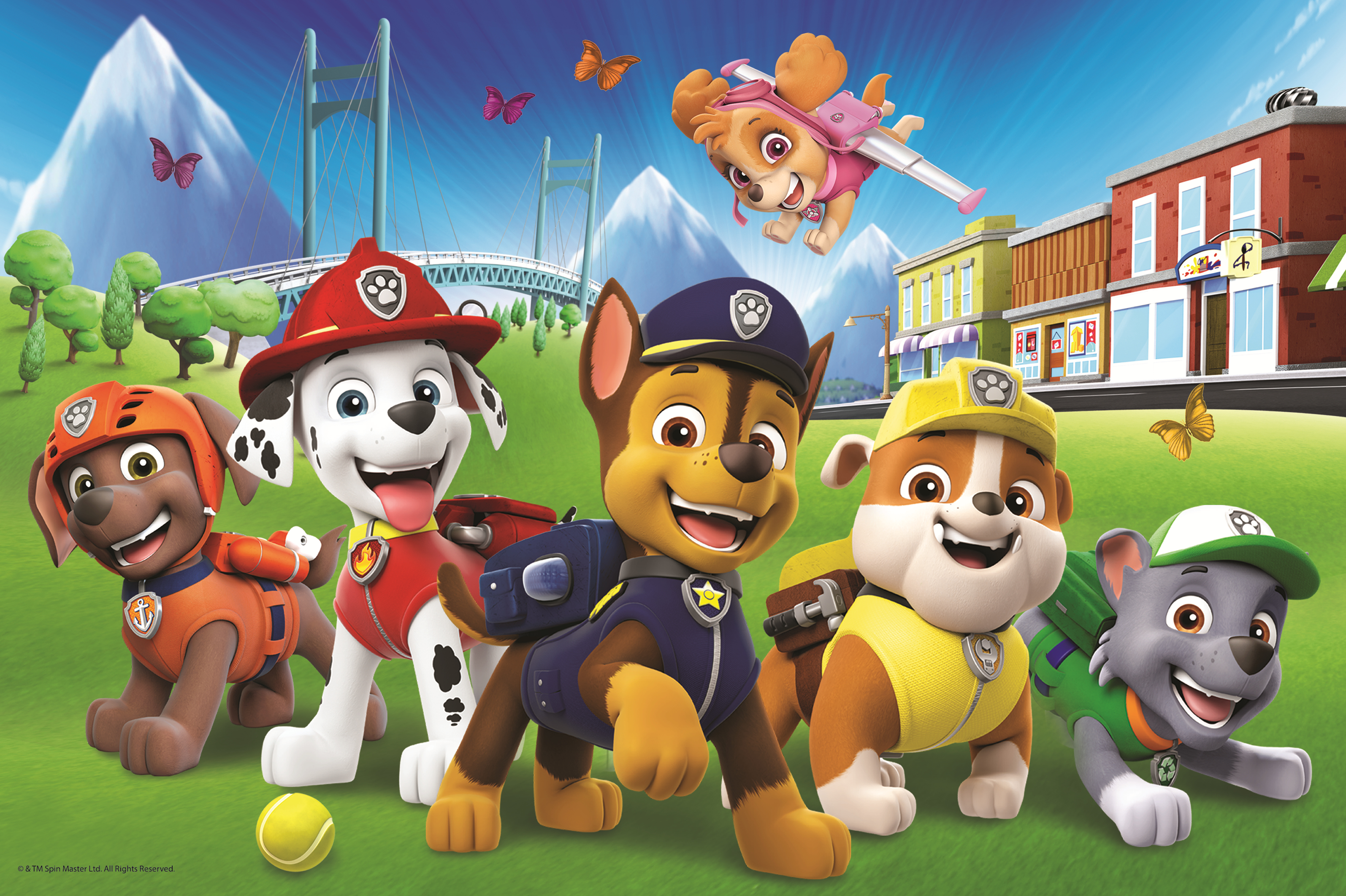 Paw Patrol characters smiling. Chase, Marshall, and others in uniforms. Butterflies and city buildings in the background.