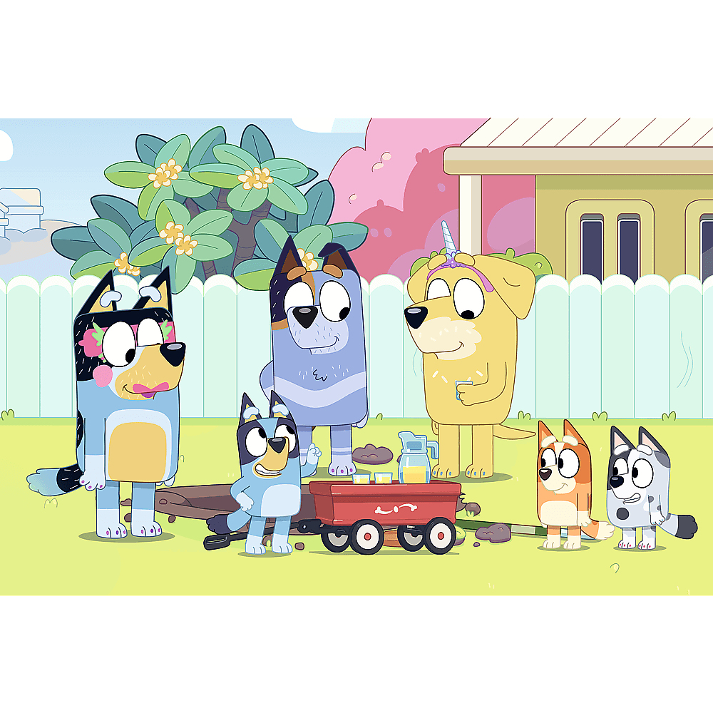 Cartoon dogs in a garden. One wears a unicorn horn. A red wagon, dirt, and a pitcher are in the foreground.