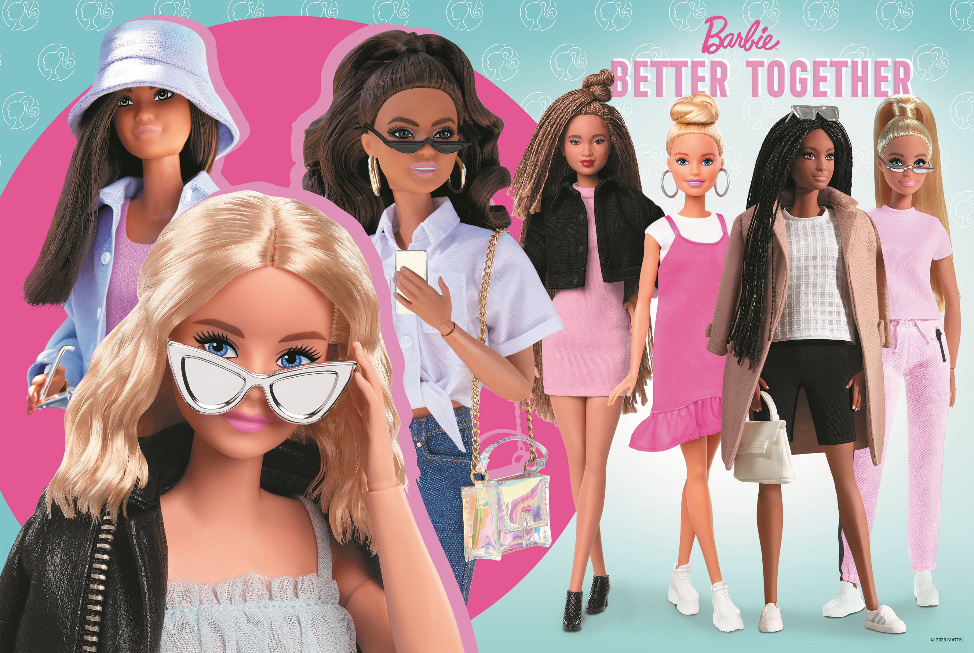 Barbie dolls of various skin tones are displayed. They wear fashionable outfits, sunglasses, and are set against a pink and blue backdrop.
