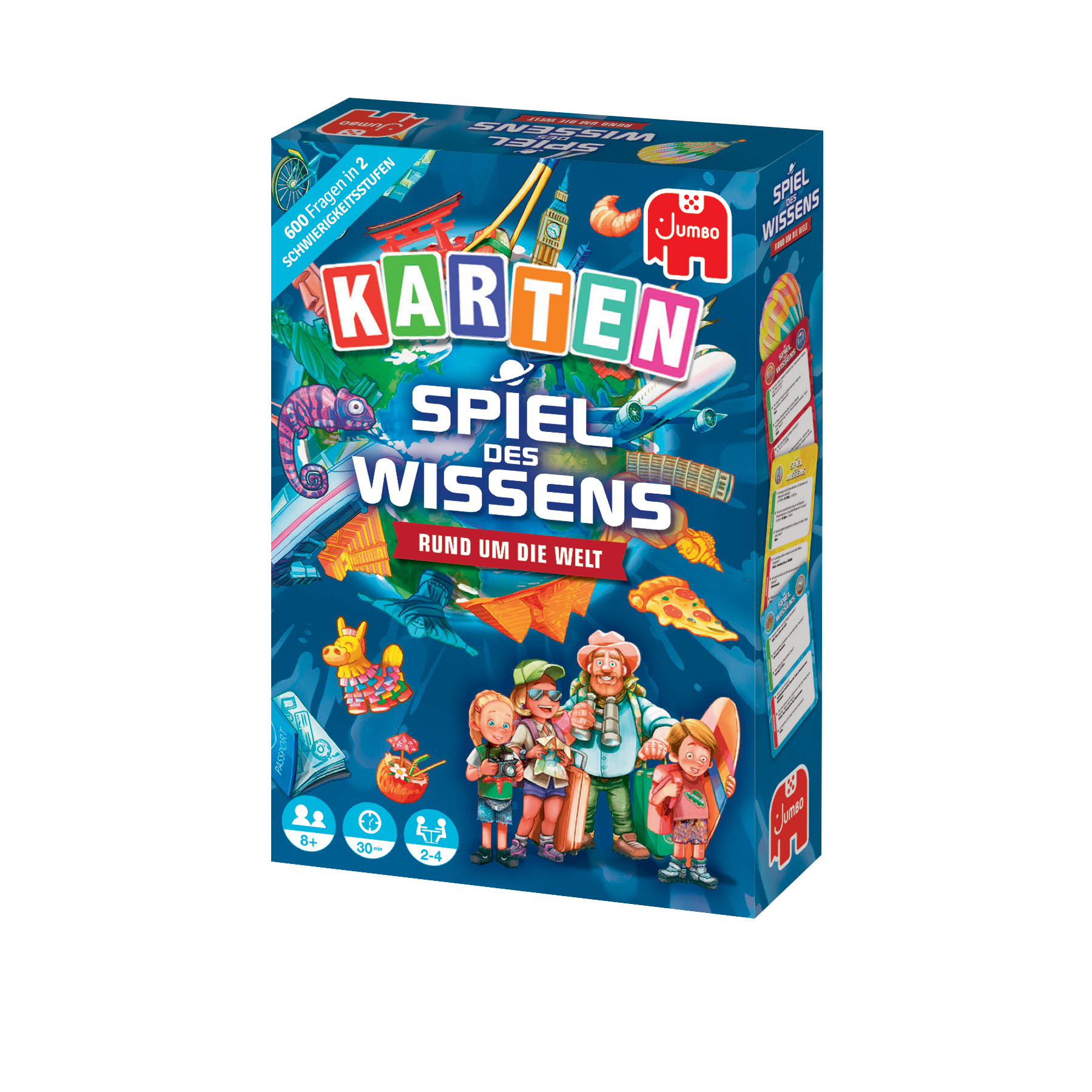 Boîte du jeu 'Spiel des Wissens'. Montre des images de dessins animés de voyages, de monuments et d'une famille de voyageurs.