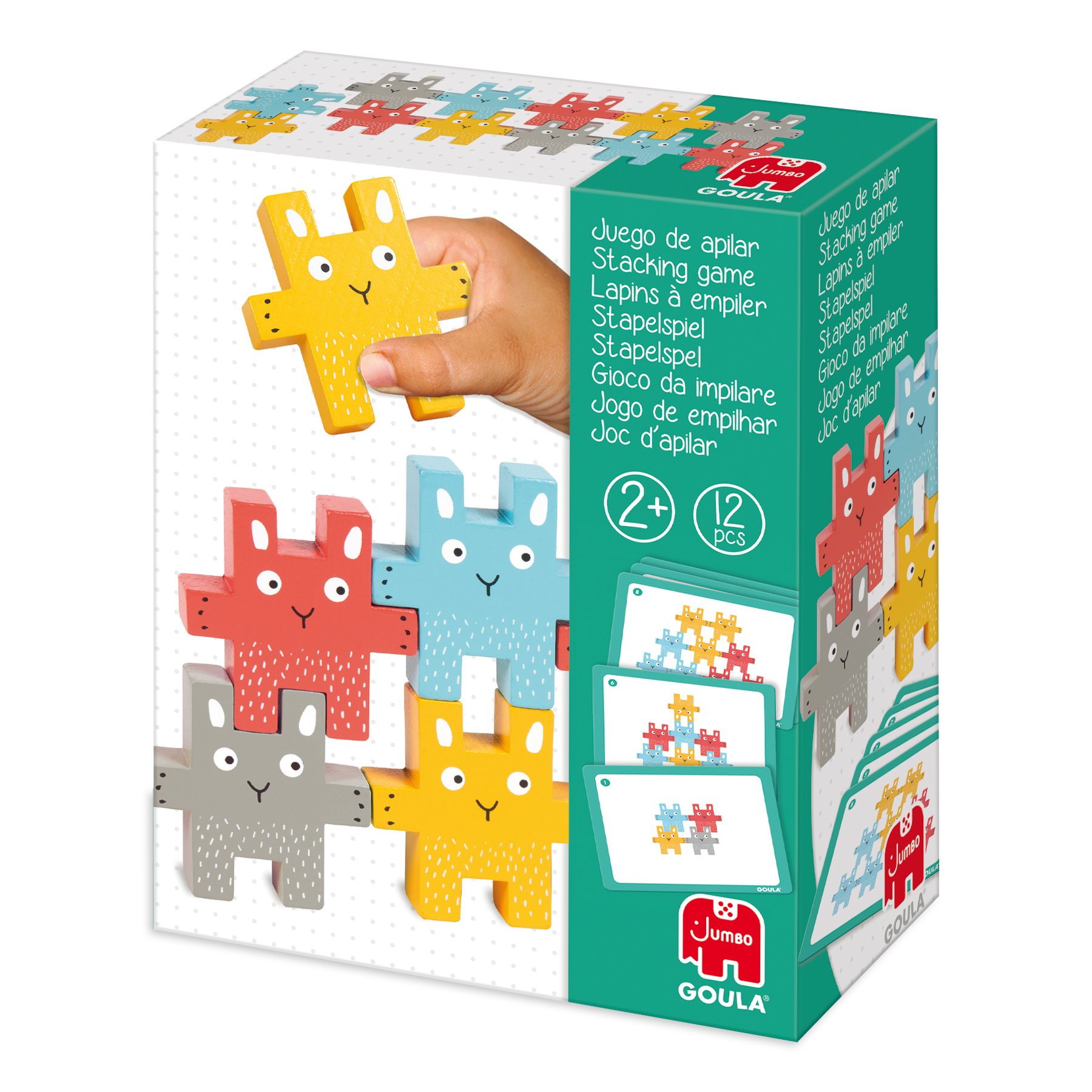 Una mano sostiene una pieza de rompecabezas de conejito amarillo. Otras piezas de conejito están apiladas. La caja incluye el nombre del juego en varios idiomas.