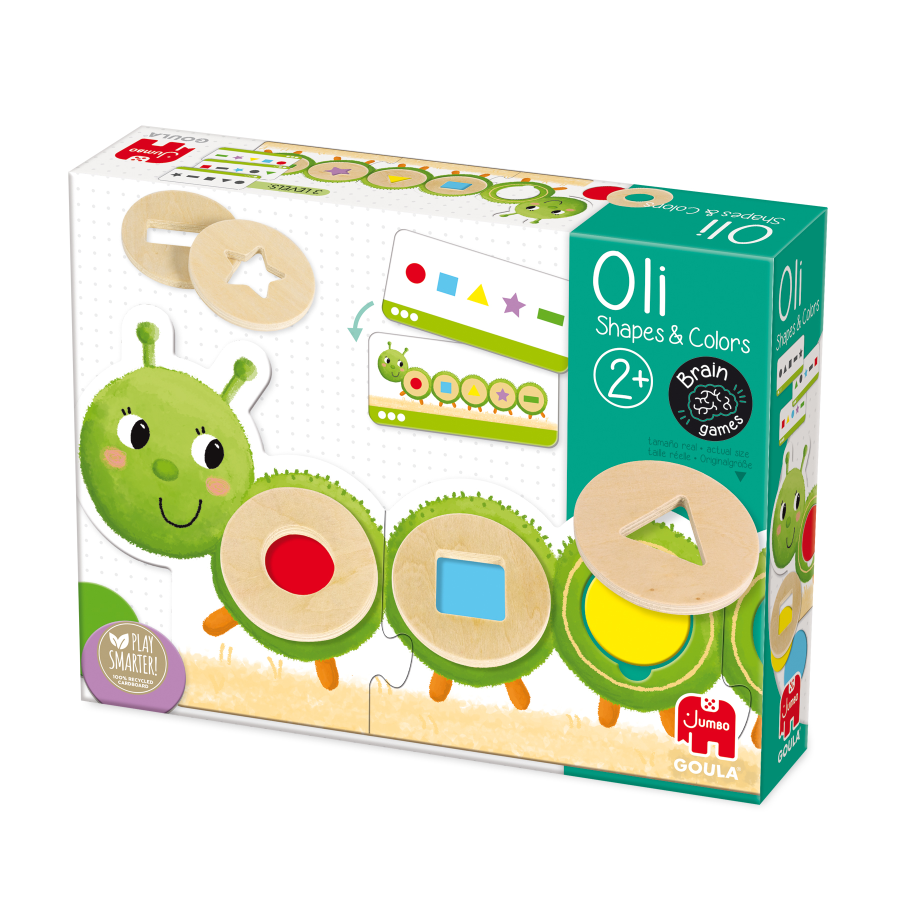 Una caja con un rompecabezas de oruga. Juego de formas y colores para niños. Incluye formas y tarjetas de madera.