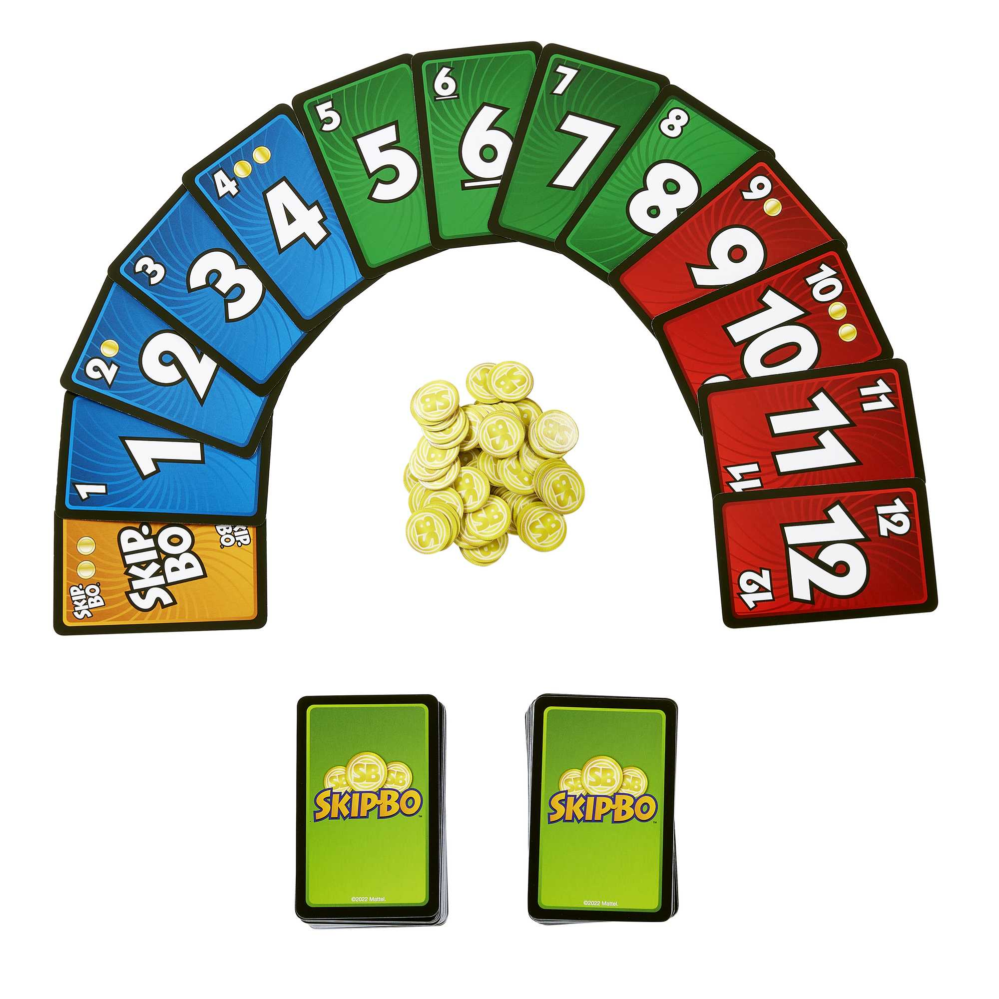Gra karciana Skip-Bo. Karty są ponumerowane od 1 do 12 w wielu kolorach. Są też monety Skip-Bo i dwie talie kart.