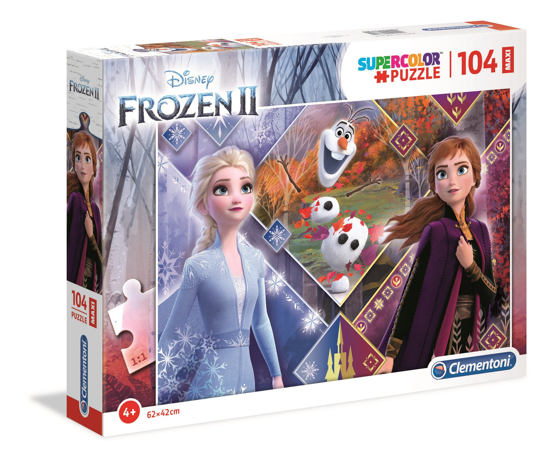Une boîte de puzzle Frozen II. Elle montre Elsa, Anna et Olaf. La boîte porte 'SUPERCOLOR PUZZLE' et '104 MAXI'.