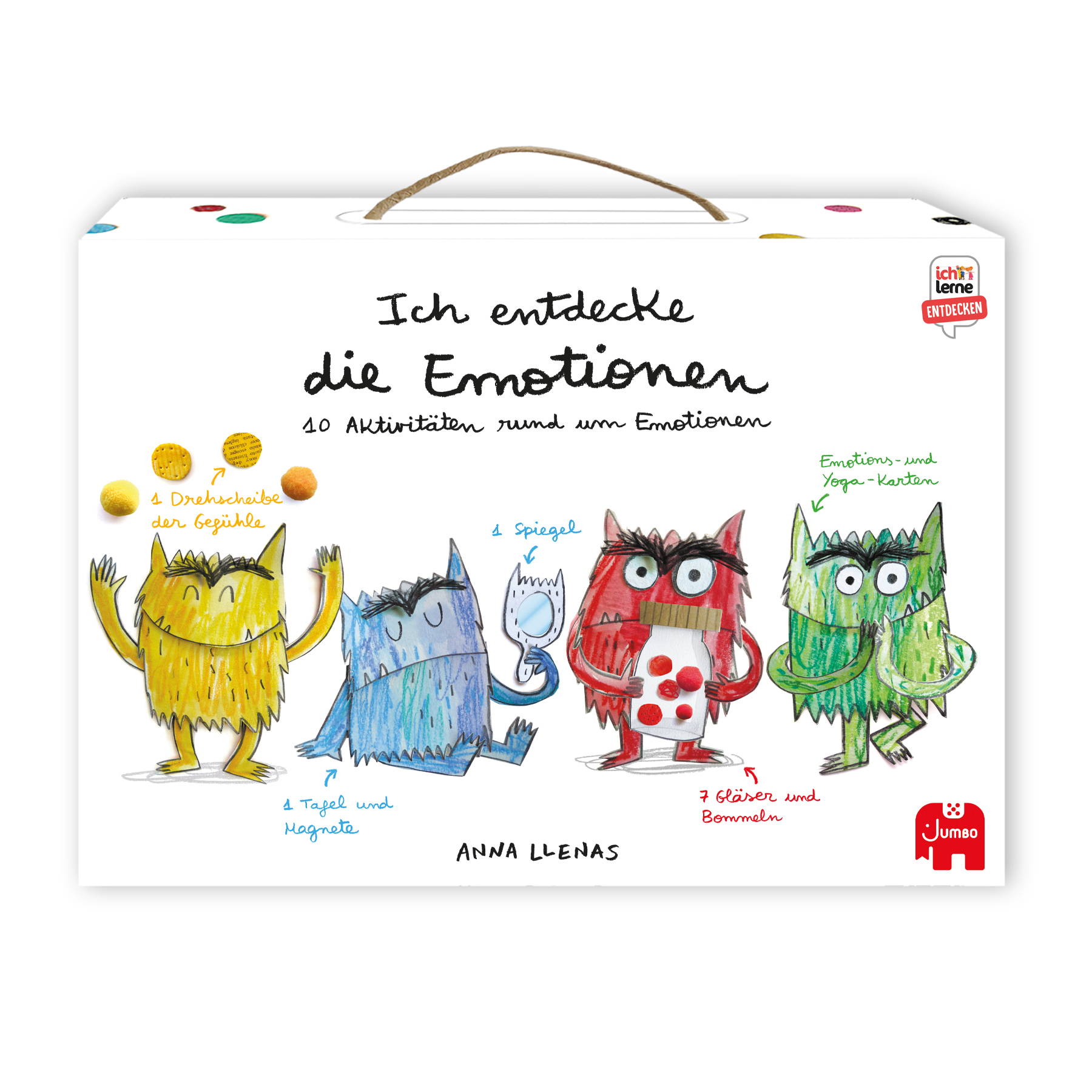 Boîte avec le titre 'Ich entdecke die Emotionen' et des illustrations de monstres. Inclut texte et logos.