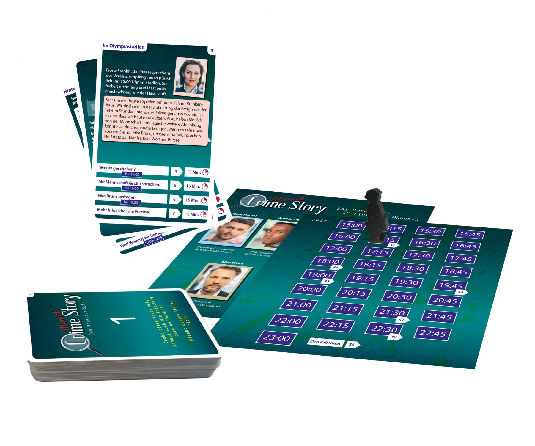 Ein Brettspiel mit Karten, einem Timer und Charakterfotos. Ein Textfeld beschreibt die Regeln.