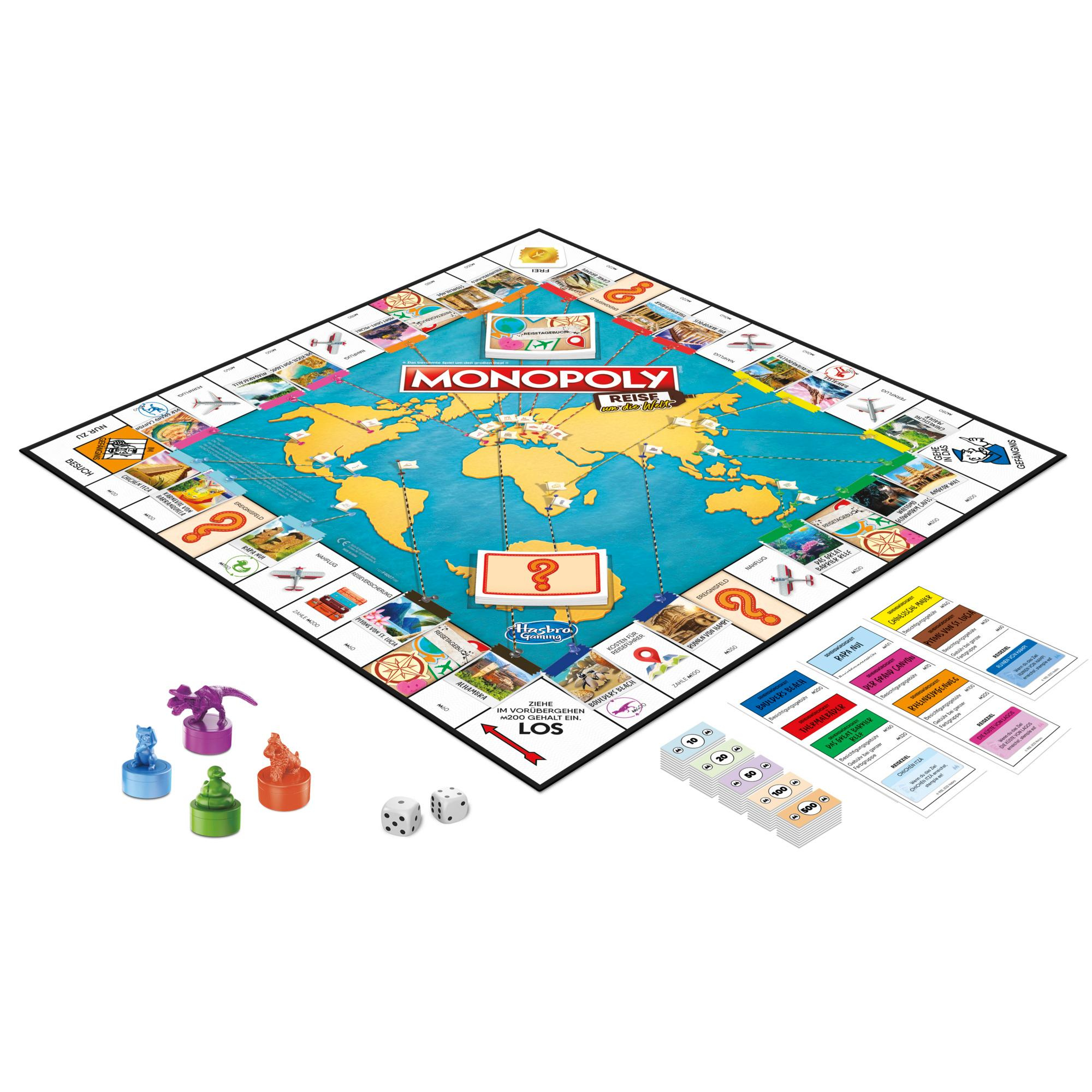 Ein Monopoly-Brettspiel mit Weltkarte, Spielfiguren, Würfeln und Geld. Verschiedene Wahrzeichen sind dargestellt.