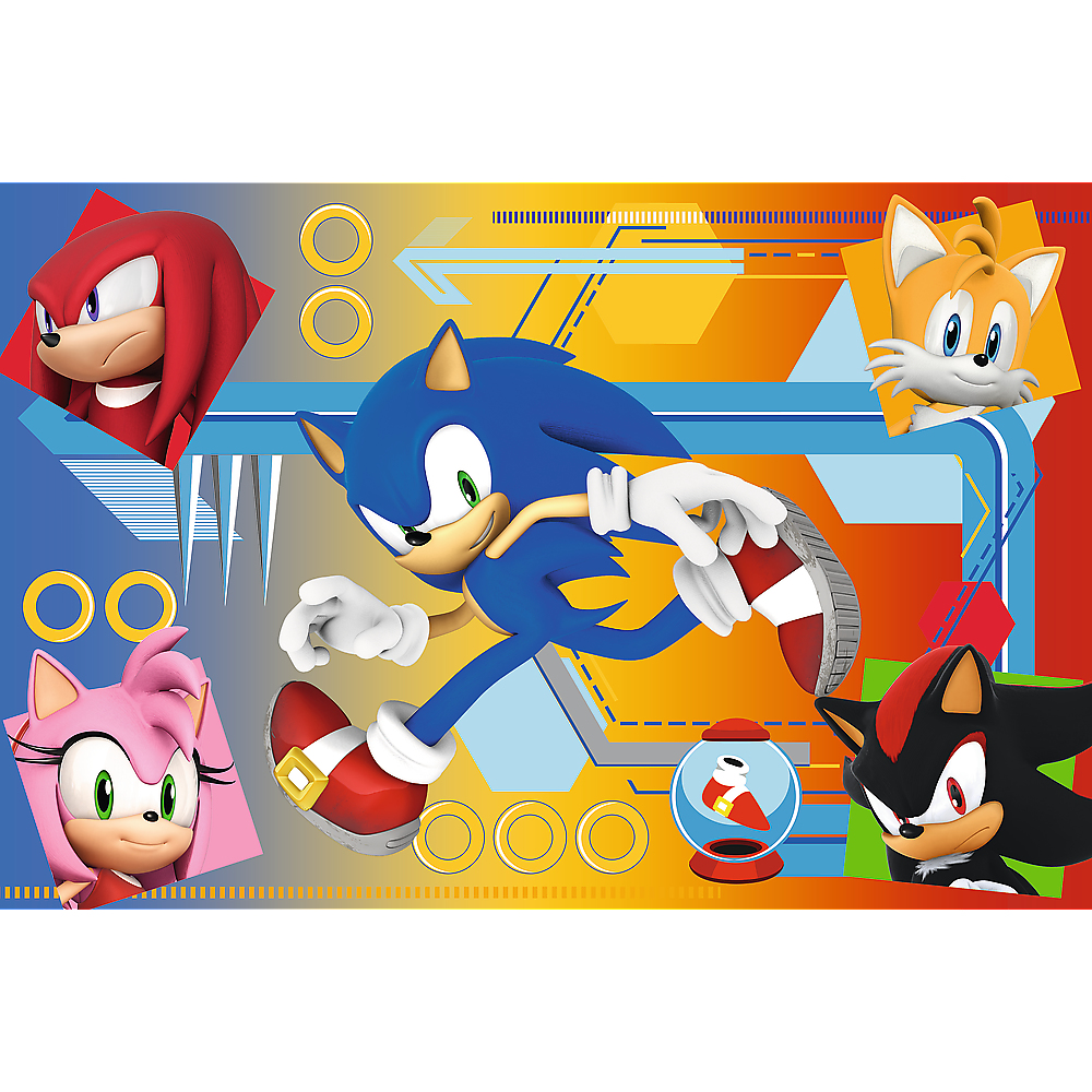 Sonic corre con Tails, Knuckles, Amy e Shadow. Sono presenti anelli e una macchina delle gomme. Lo sfondo è blu, arancione e rosso.