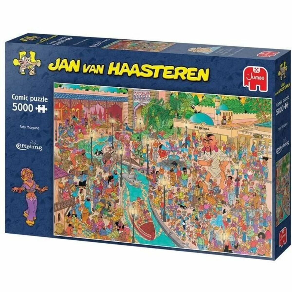 La boîte de puzzle montre une scène de dessin animé d'un bazar bondé avec un canal. La boîte contient le texte "Jan van Haasteren" et "Jumbo".