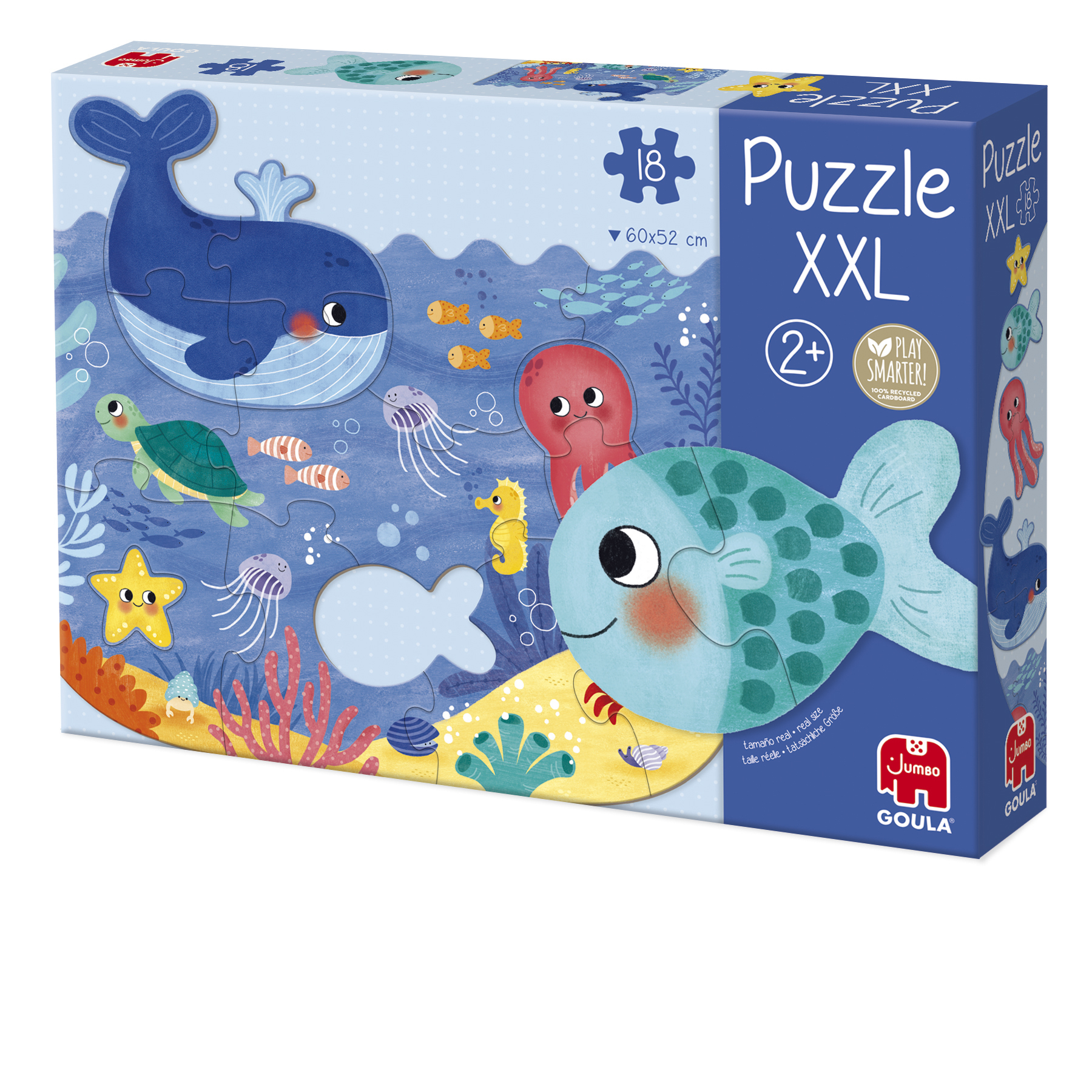Pudełko z puzzlami z stworzeniami morskimi. Przedstawiono wieloryba, rybę, ośmiornicę, żółwia i rozgwiazdę. Pudełko mówi 'Puzzle XXL'.