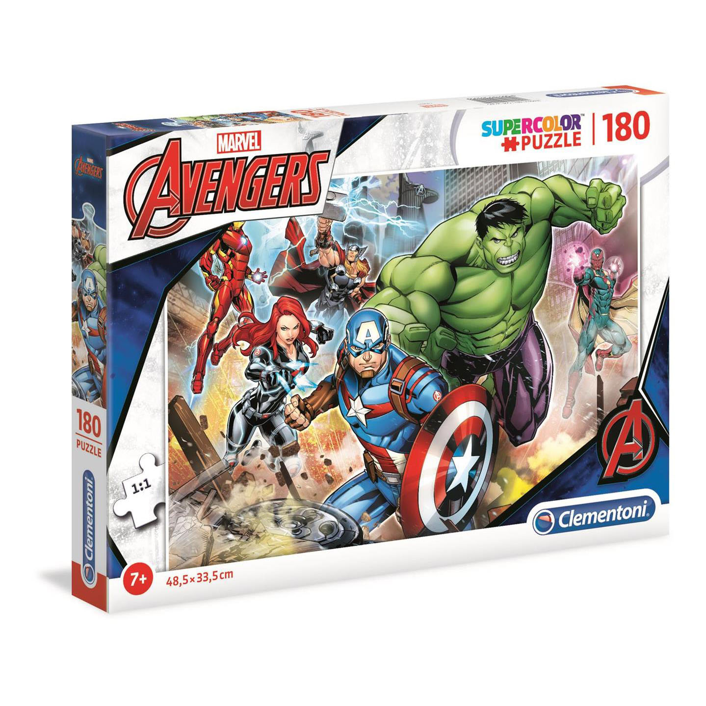 Puzzelbox van Avengers. Captain America met schild, Hulk, Iron Man en andere Marvel-personages.
