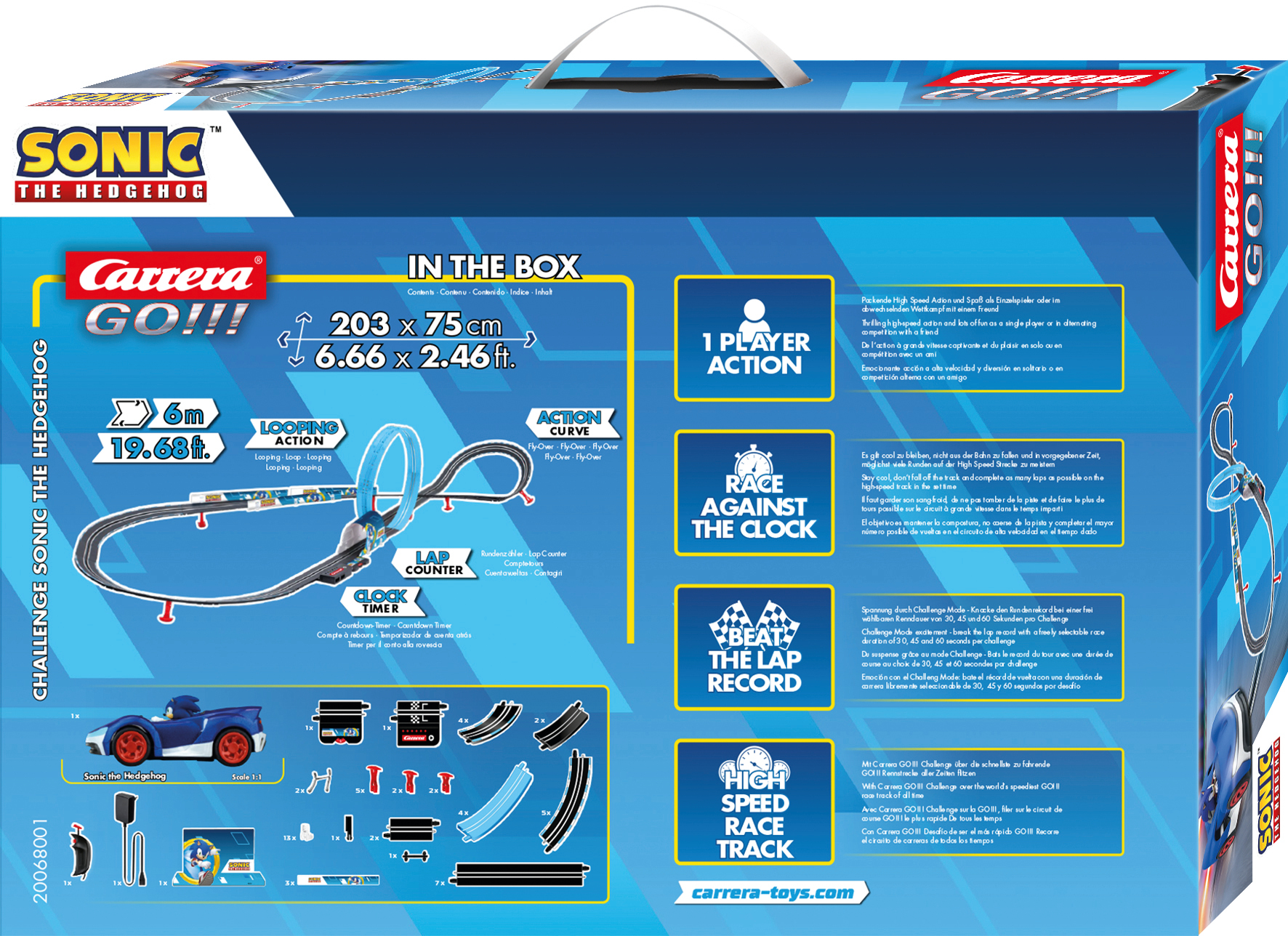 Boîte du set de course Carrera GO!!! Sonic the Hedgehog, avec voiture, piste et logos.