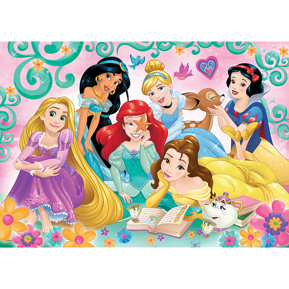 Disney princesses gather. Ariel holds a starfish. Belle reads. Snow White with a deer. Jasmine, Cinderella, and Rapunzel are present.