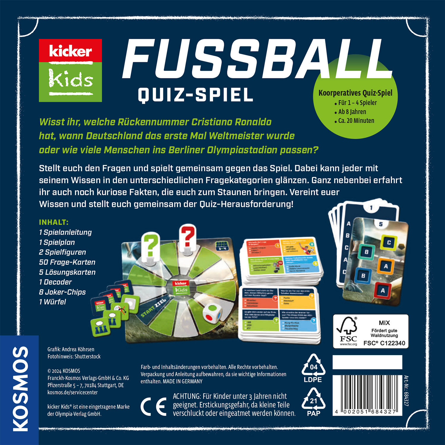 Die Schachtel für ein Fußball-Quizspiel, 'Fussball Quiz-Spiel'. Es enthält Spielkomponenten, Karten und das Markenlogo 'Kicker Kids'.