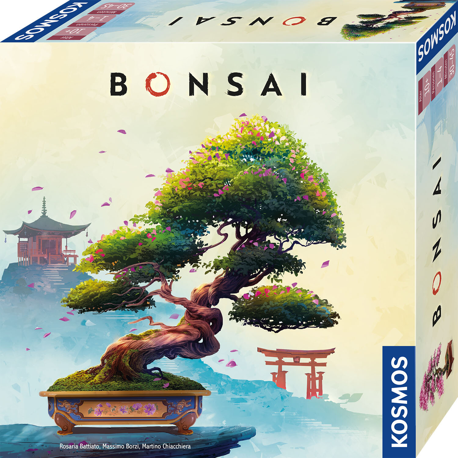 La caja muestra un bonsái con flores rosas, una puerta torii roja y un templo japonés.
