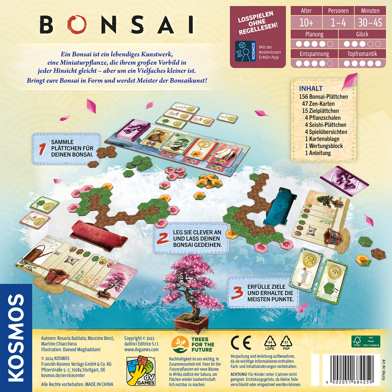 Juego de mesa Bonsái con componentes: cartas, fichas y un árbol en miniatura. Instrucciones y detalles son visibles.