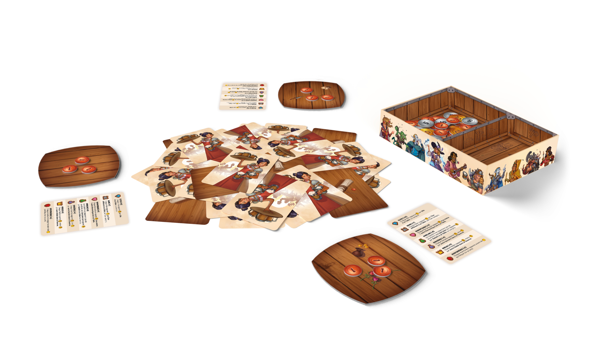 Brettspiel-Setup. Karten, Token und eine Box sind auf einer weißen Oberfläche angeordnet. Die Karten zeigen Illustrationen von Charakteren.