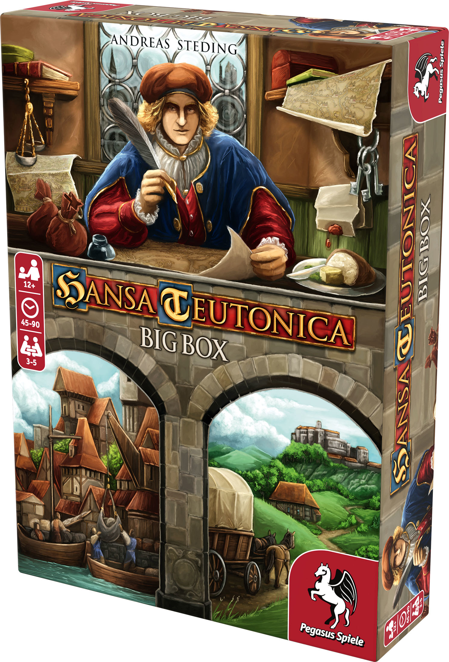 Schachtelkunst für Hansa Teutonica. Ein Mann schreibt mit einer Feder. Darunter ist eine Stadt mit Booten und Wagen zu sehen.