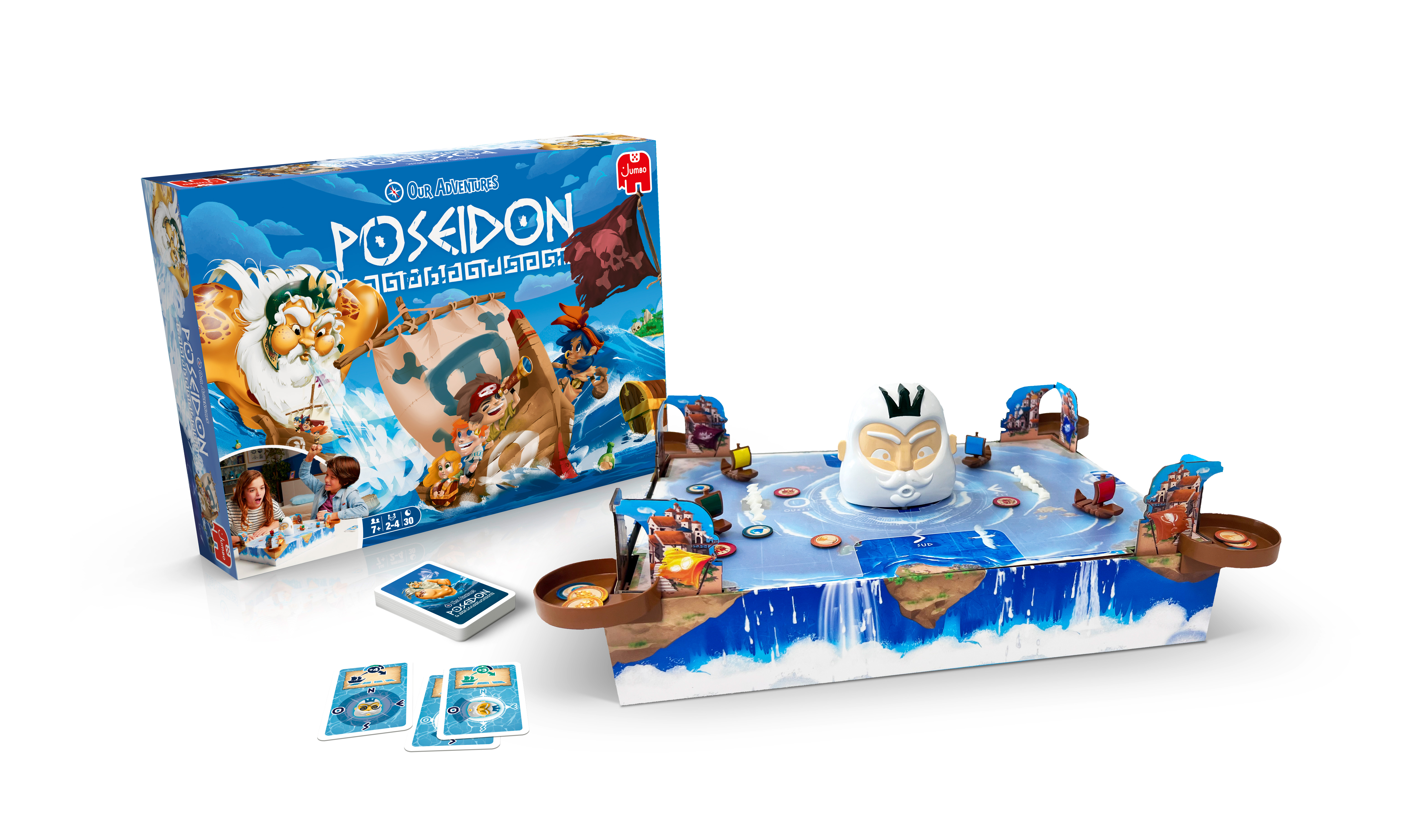 Un jeu de société intitulé 'Poseidon' avec une boîte et un plateau de jeu représentant des personnages de dessins animés et des éléments marins.
