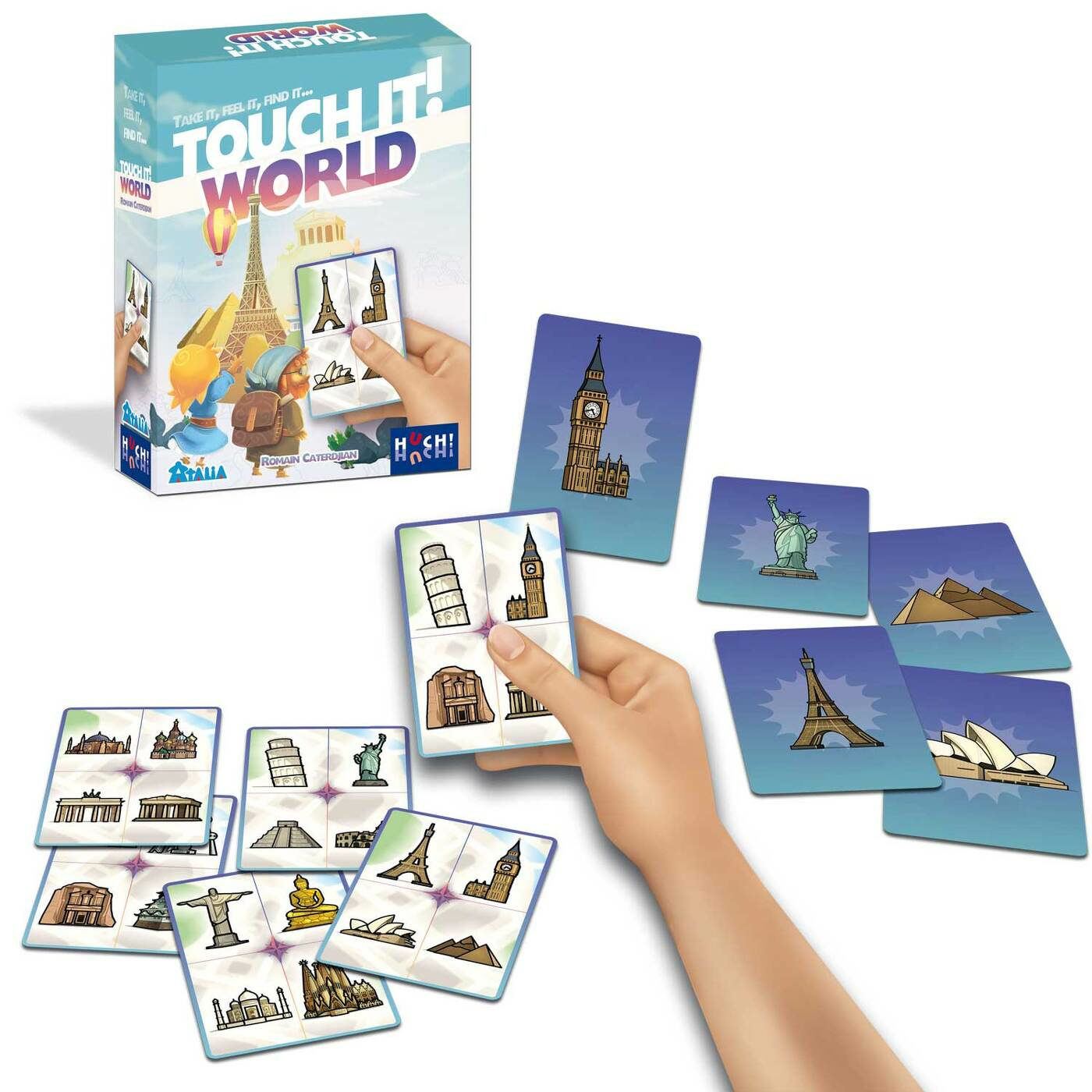 Une boîte de jeu et des cartes avec des monuments du monde comme la tour Eiffel et Big Ben sont présentées, une main tient des cartes.