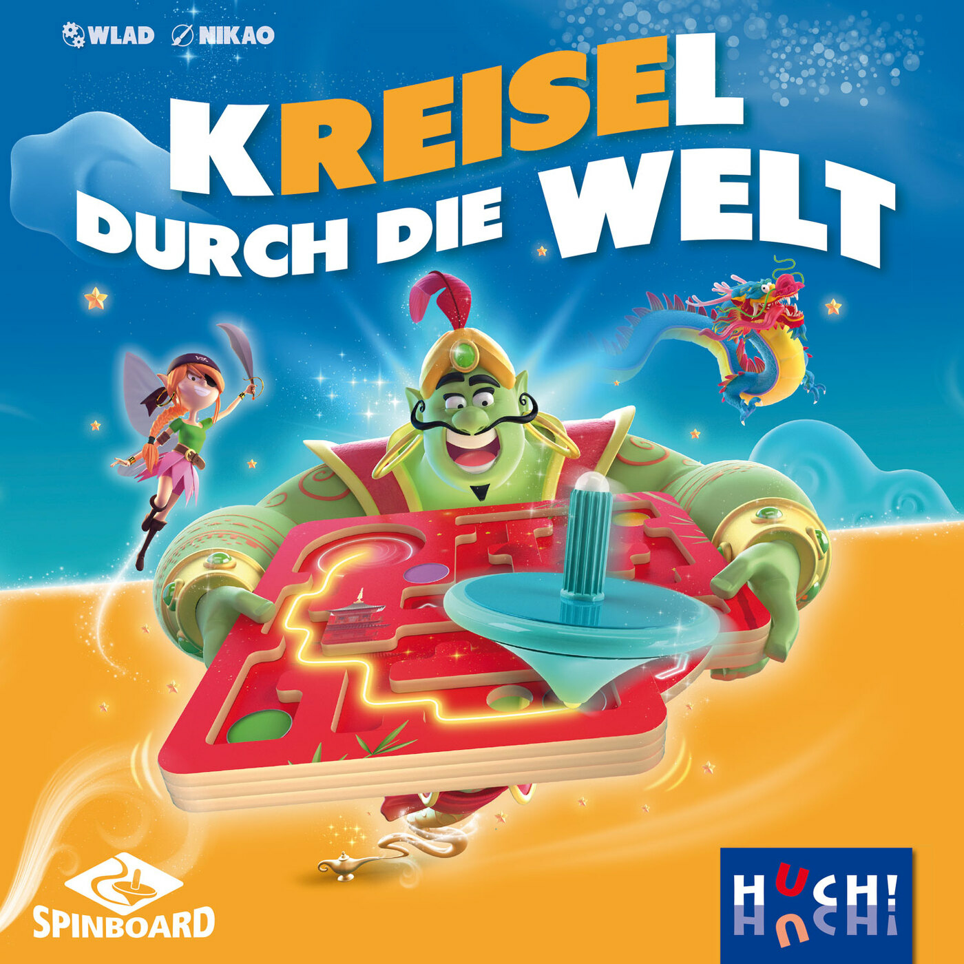 Un génie tient un plateau de jeu rouge. Un dragon, une fée et les mots 'Kreisel durch die Welt' sont sur la couverture. Logo Spinboard.