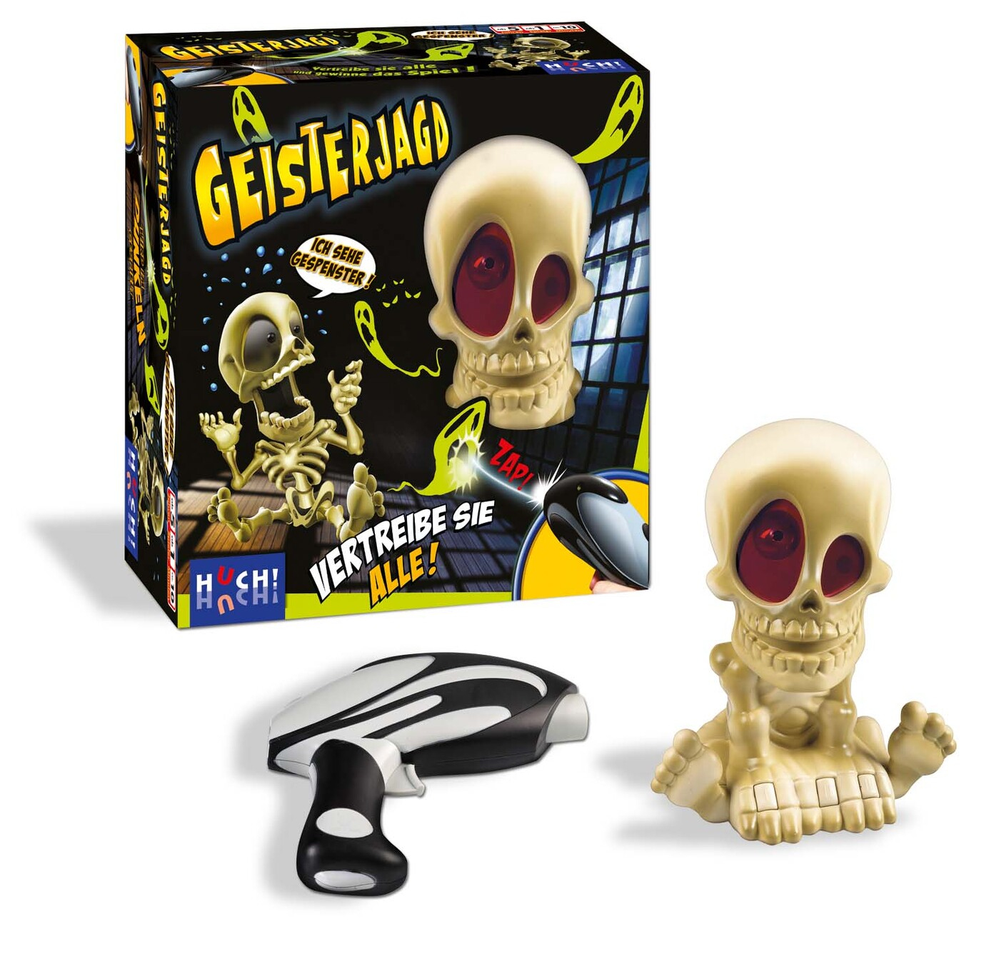 Una scatola di gioco con uno scheletro e un teschio giocattolo, insieme a un dispositivo in bianco e nero. Lo scheletro giocattolo ha gli occhi rossi.