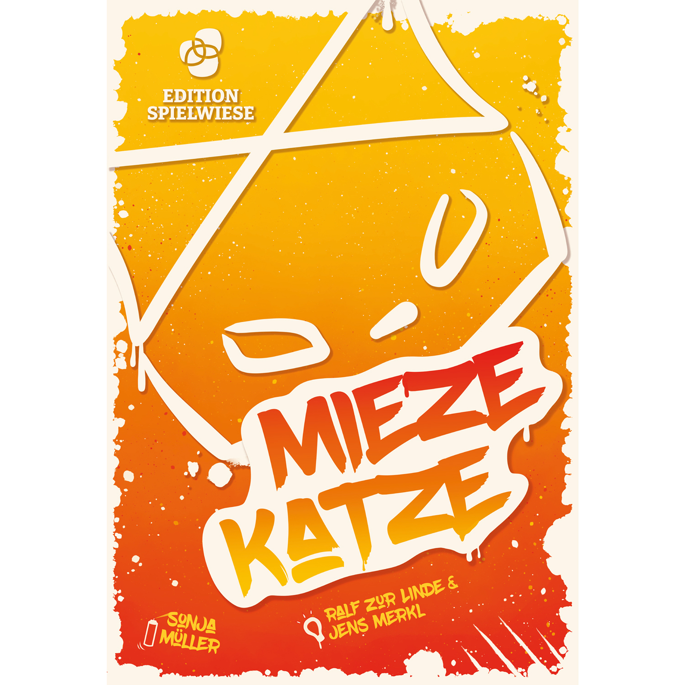 Poster mit orange-gelbem Hintergrund. Text 'Mieze Katze' in Rot und Gelb. Autorennamen und 'Edition Spielwiese' sind vorhanden.