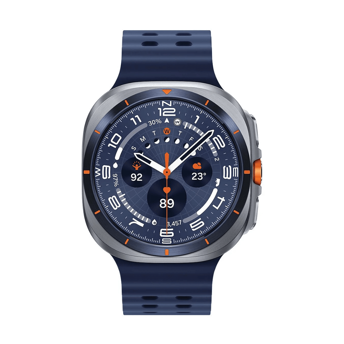 Dunkelblaue Smartwatch mit silbernem Rahmen. Das Zifferblatt zeigt Zeit, Schritte und andere Metriken. Das Armband ist dunkelblau.