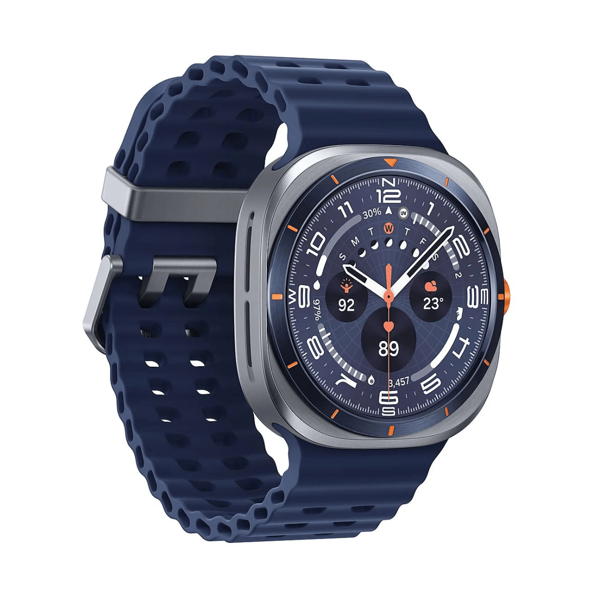Eine marineblaue Smartwatch mit silbernem Rahmen. Das Zifferblatt zeigt Zeit und Metriken. Das Armband hat ein perforiertes Design.