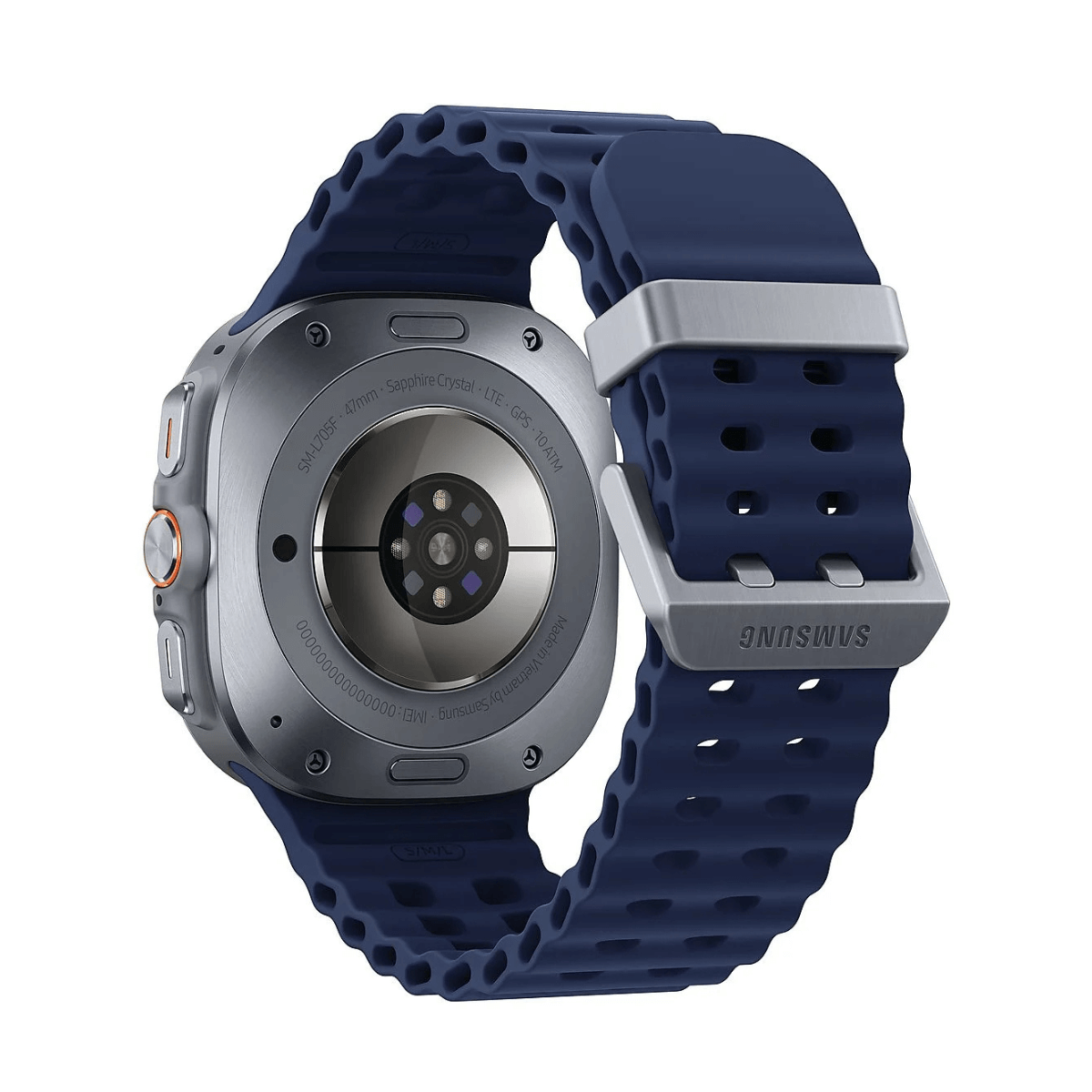 Eine Samsung-Smartwatch mit marineblauem Armband. Die Uhr hat ein silbernes Gehäuse und einen schwarzen Sensor. Das Armband hat eine silberne Schnalle.