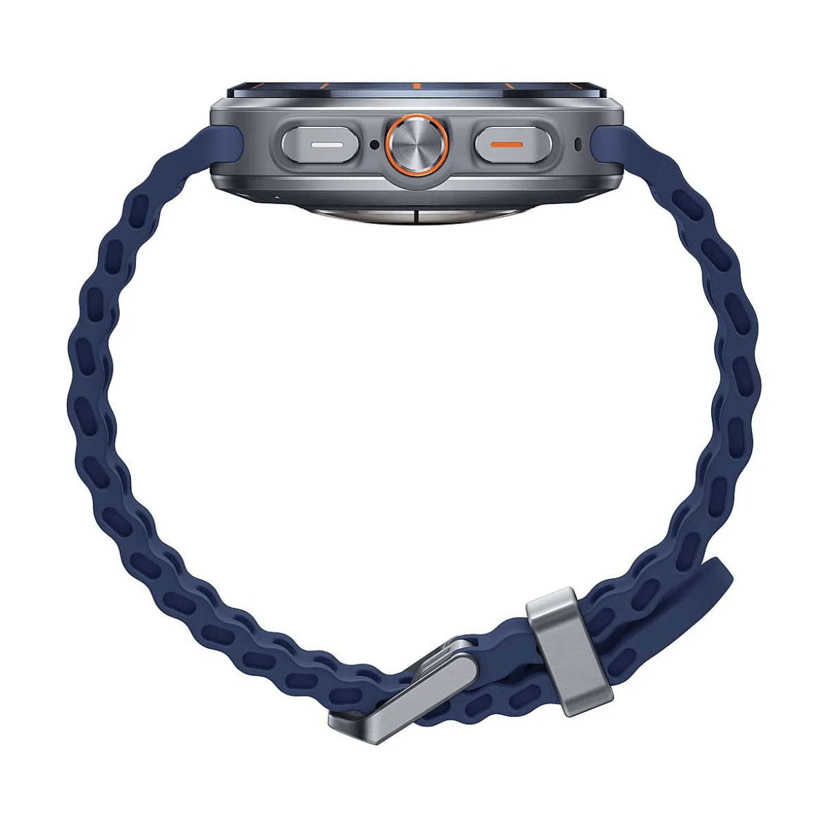 Seitenansicht einer Smartwatch mit dunkelblauem Armband und metallgrauem Zifferblatt. Die Uhr hat orangefarbene Akzente.