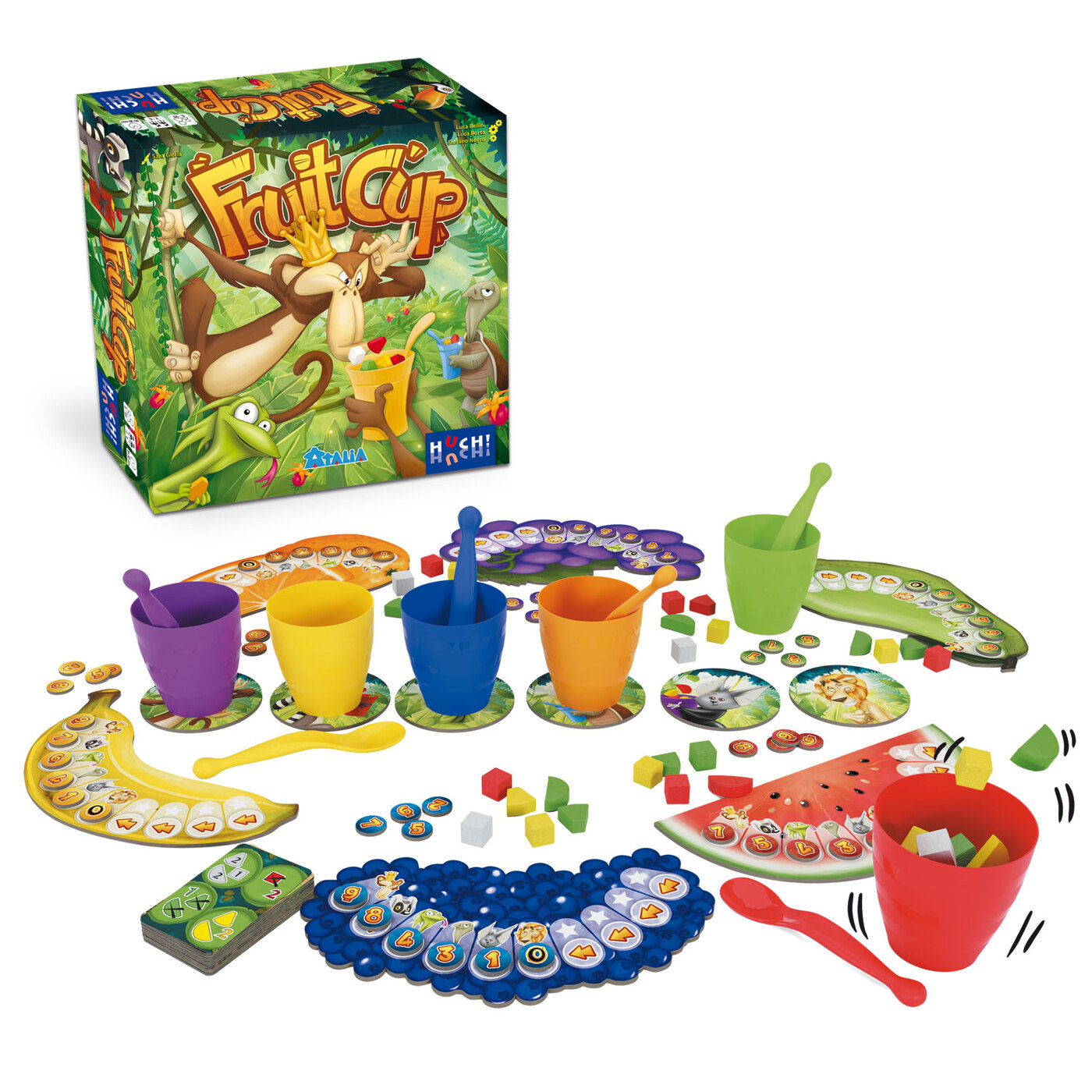 Jeu de société Fruit Cup avec des gobelets, des pièces de jeu et une boîte avec des singes et d'autres animaux. Diverses formes de fruits sont présentes.