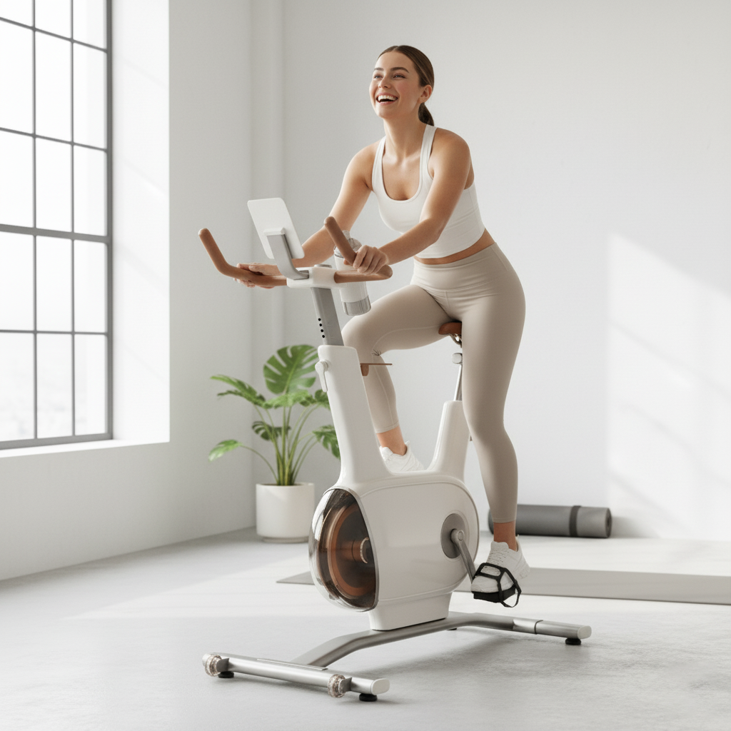 Eine Frau lächelt beim Radfahren in Innenräumen. Sie trägt ein weißes Oberteil und Leggings. Ein weißes Trainingsrad steht in einem hellen Raum.