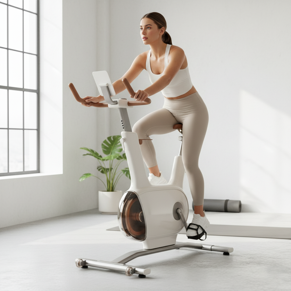 Frau in weißem Oberteil und Leggings auf einem weißen Trainingsfahrrad. Innenraum mit Fenster, Pflanze und Yogamatte.
