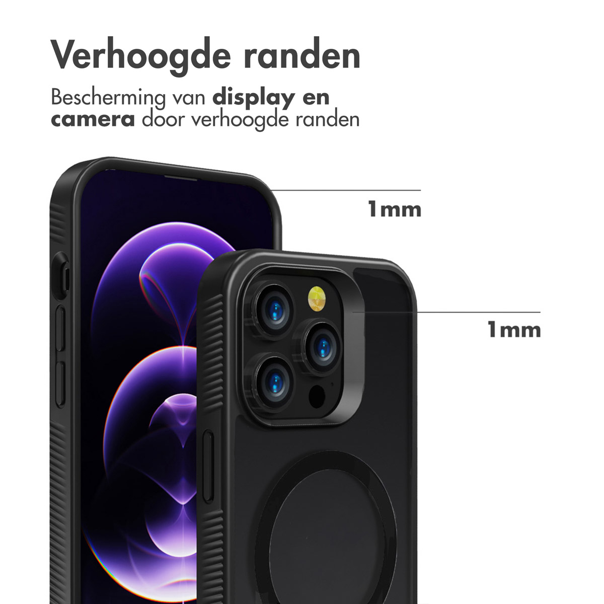 Zwarte telefoonhoes met verhoogde randen die scherm en camera beschermen. Telefoon toont paarse en zwarte afbeelding. Tekst geeft 1 mm hoogte aan.