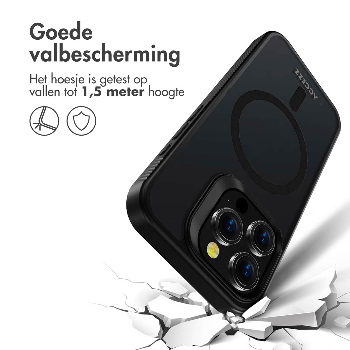 Een zwarte telefoonhoes met een magnetische ring, schuin, op het punt om een wit oppervlak te raken dat barst, met tekst bovenaan.