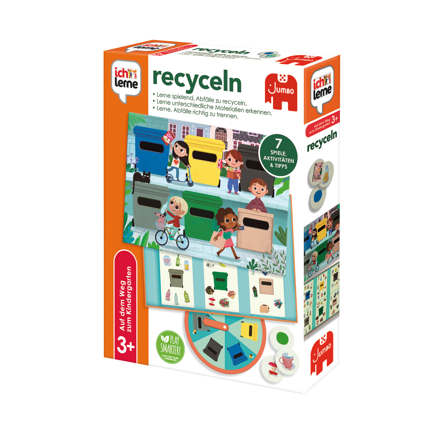 Schachtel mit einem Recycling-Spiel. Kinder in der Nähe von farbigen Behältern. Das Spiel lehrt das Sortieren von Abfällen.