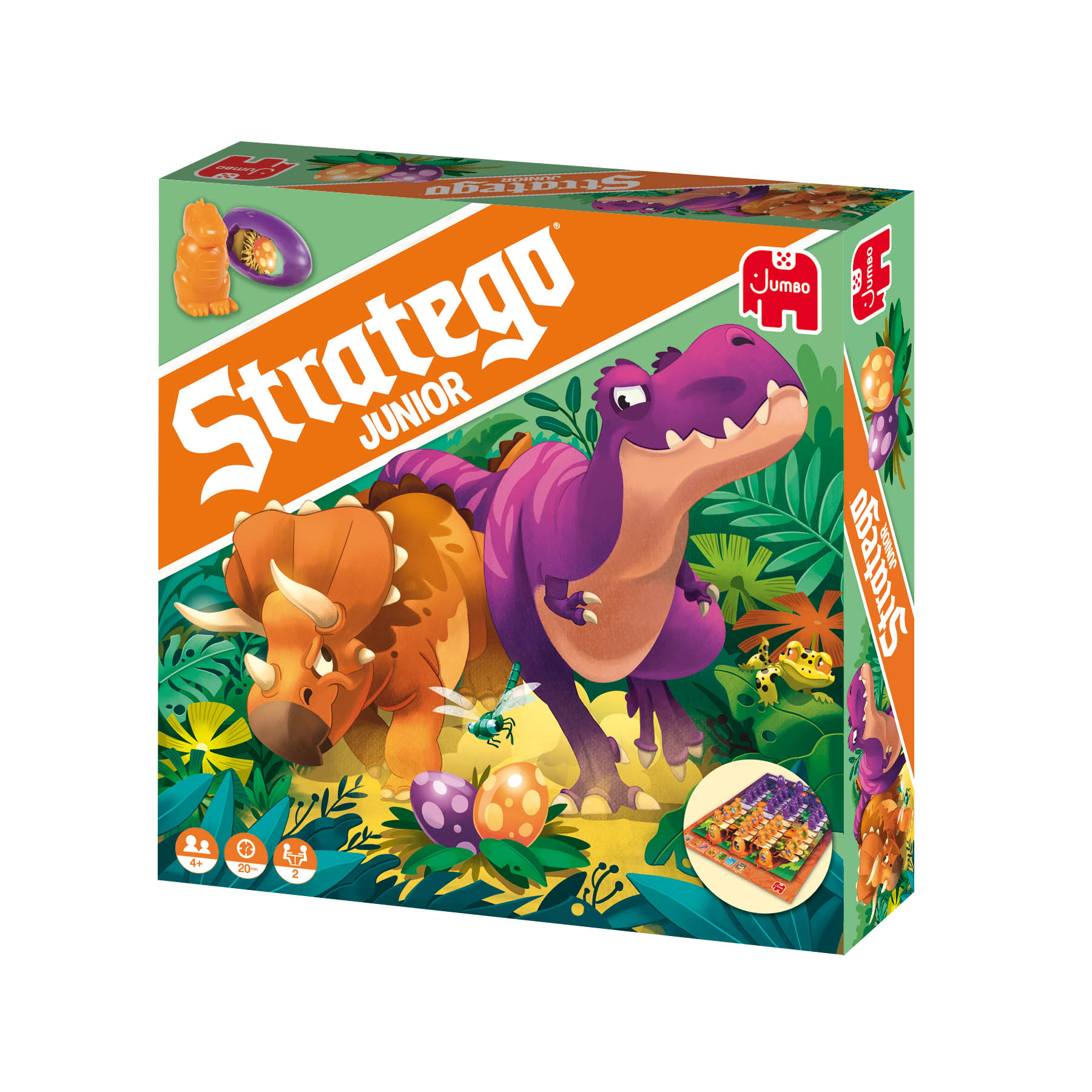 Boîte de jeu 'Stratego Junior'. Dinosaures, Tricératops orange et T-Rex violet, sur fond de jungle.