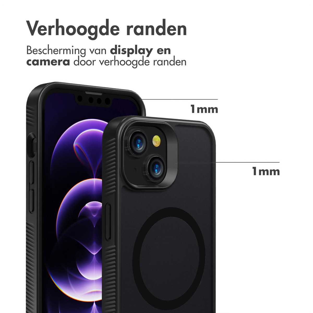 Coque de téléphone noire avec bords surélevés protégeant le téléphone et l'appareil photo. Texte en néerlandais. Affiche un téléphone.